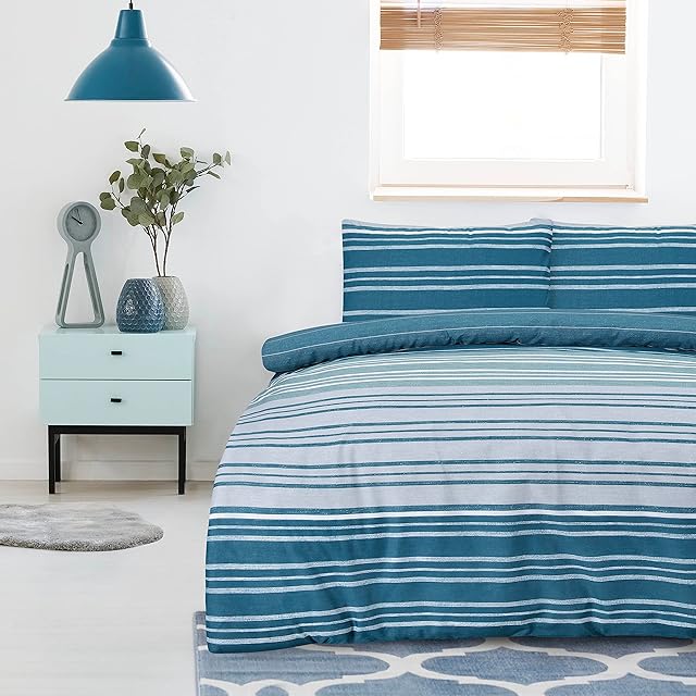 Sleepdown Duvet Cover Set - Teal - Textured Stripe - Reversible Quilt Cover Easy Care Bed Linen Soft Cosy Bedding Sets with Pillowcases - King (230cm x 220cm)