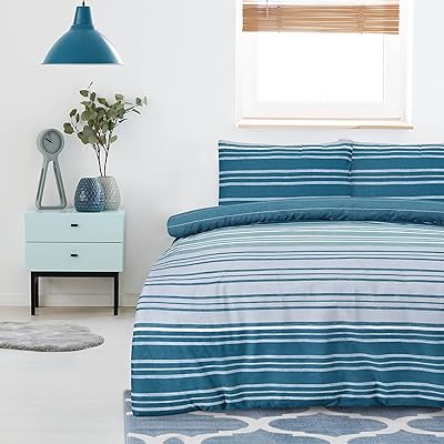 Sleepdown Set copripiumino – verde acqua – a righe testurizzate – copripiumino reversibile di facile manutenzione, morbido e accogliente biancheria da letto con federa, singolo (135 cm x 220 cm)