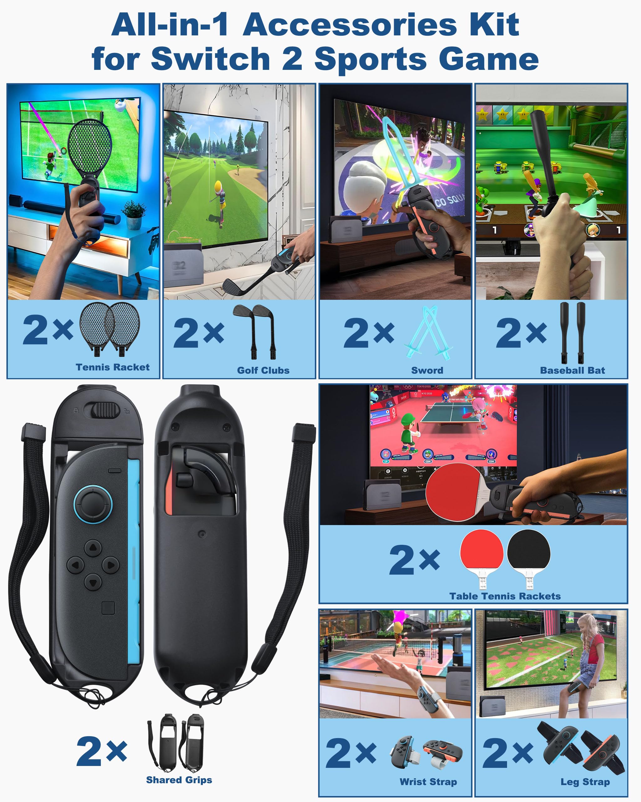 Switch 2 accessori sportivi, 16 in 1 Pacchetto di accessori per giochi per JoyCon 2 con racchette da tennis, mazze da golf, pagaie da ping pong, mazze da baseball, spade, cinghie da polso e gambe e