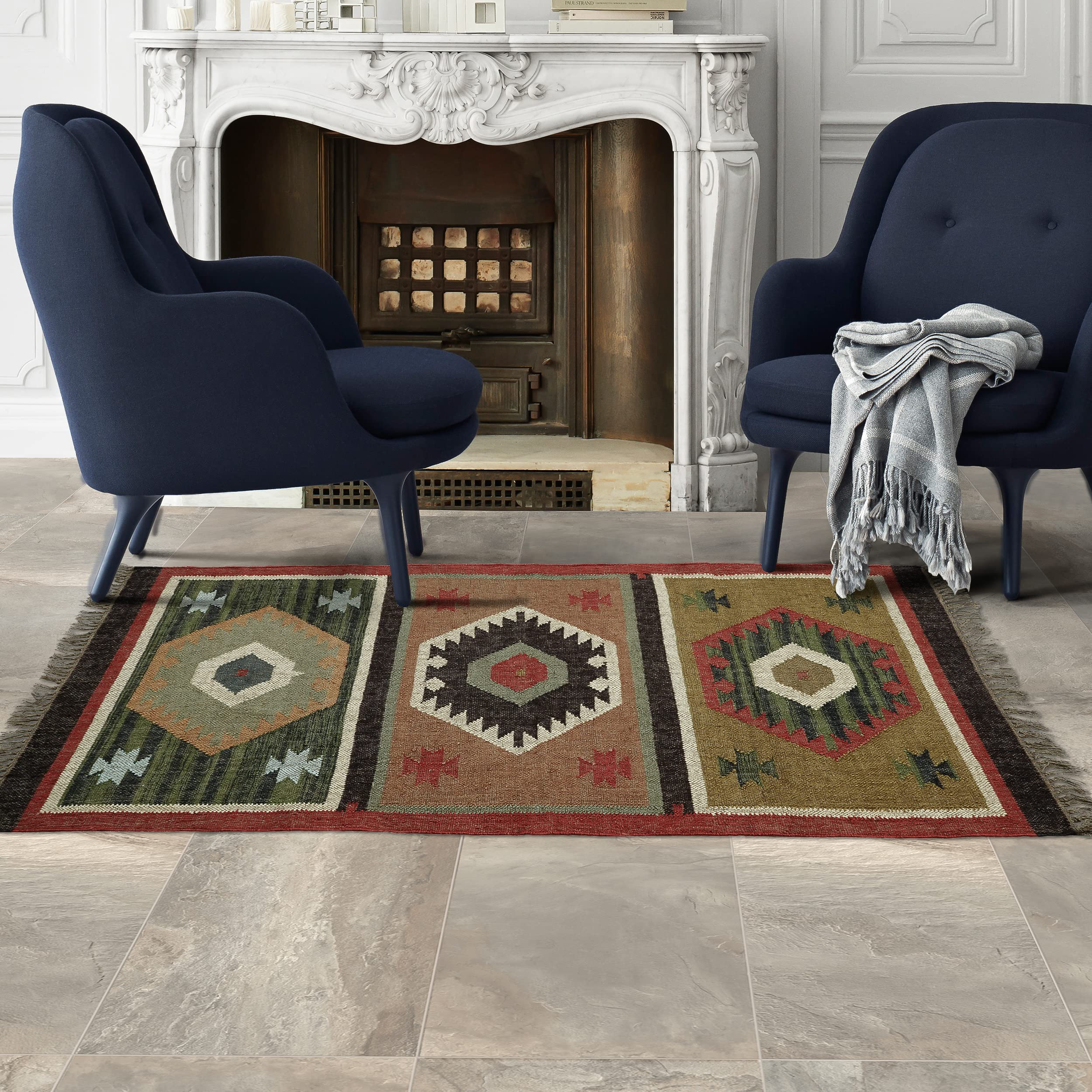 Tapis de sol Kelim rectangulaire en jute et laine géométrique 90x150cm