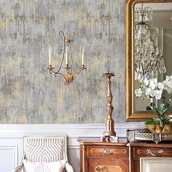 Zeeko Traditional Wallpaper 17.3"x236" Textured Distressed Metallic Grey/White/Gold Vintage Concrete Wallpaper Modern Non Woven Non-Pasted Industrial Style Need Adhesive