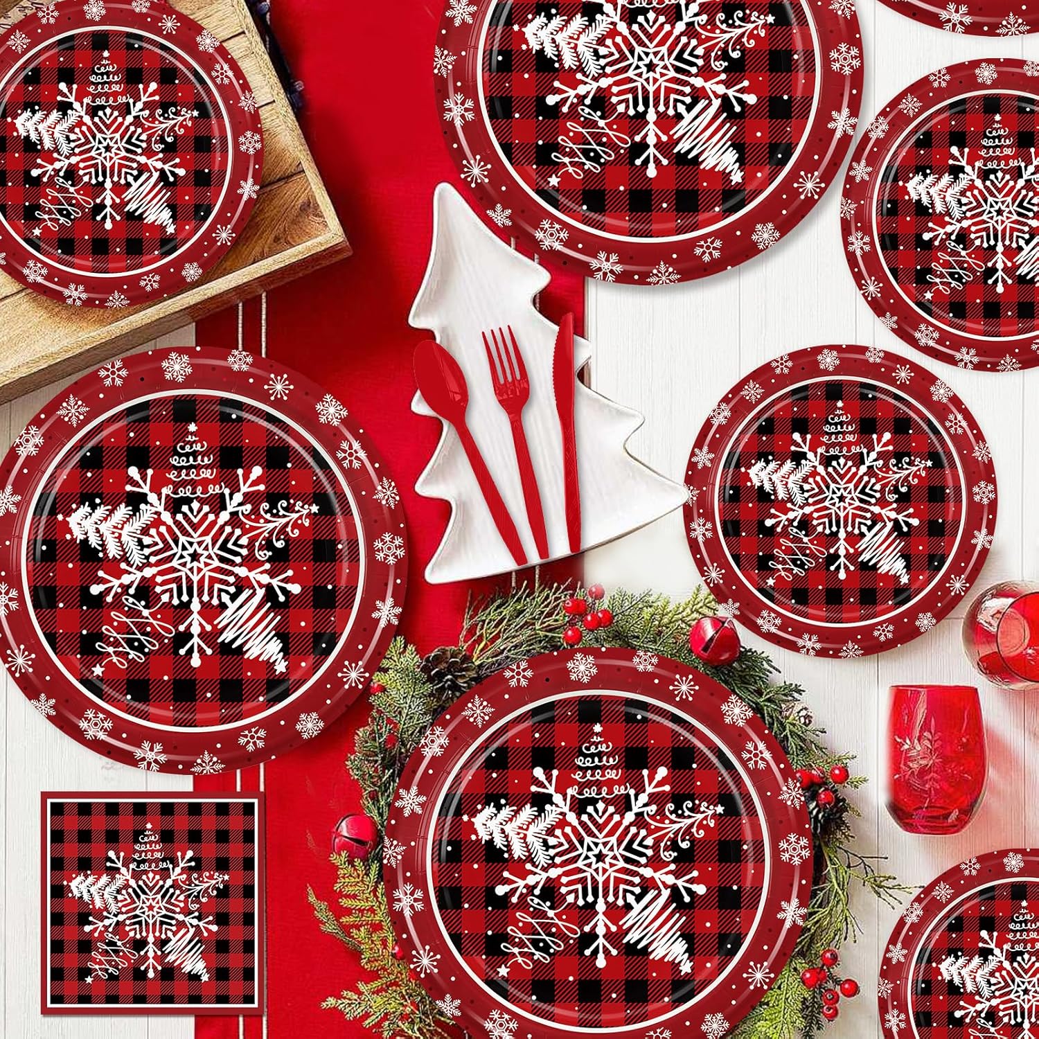 96PCS Winter Snowflake Party Supplies Happy New Year Decoration with Red and Black Plaid Paper Plates Napkins Forks Dinnerware for Home Holiday Birthday Party Decor Serves 24 - Image 3