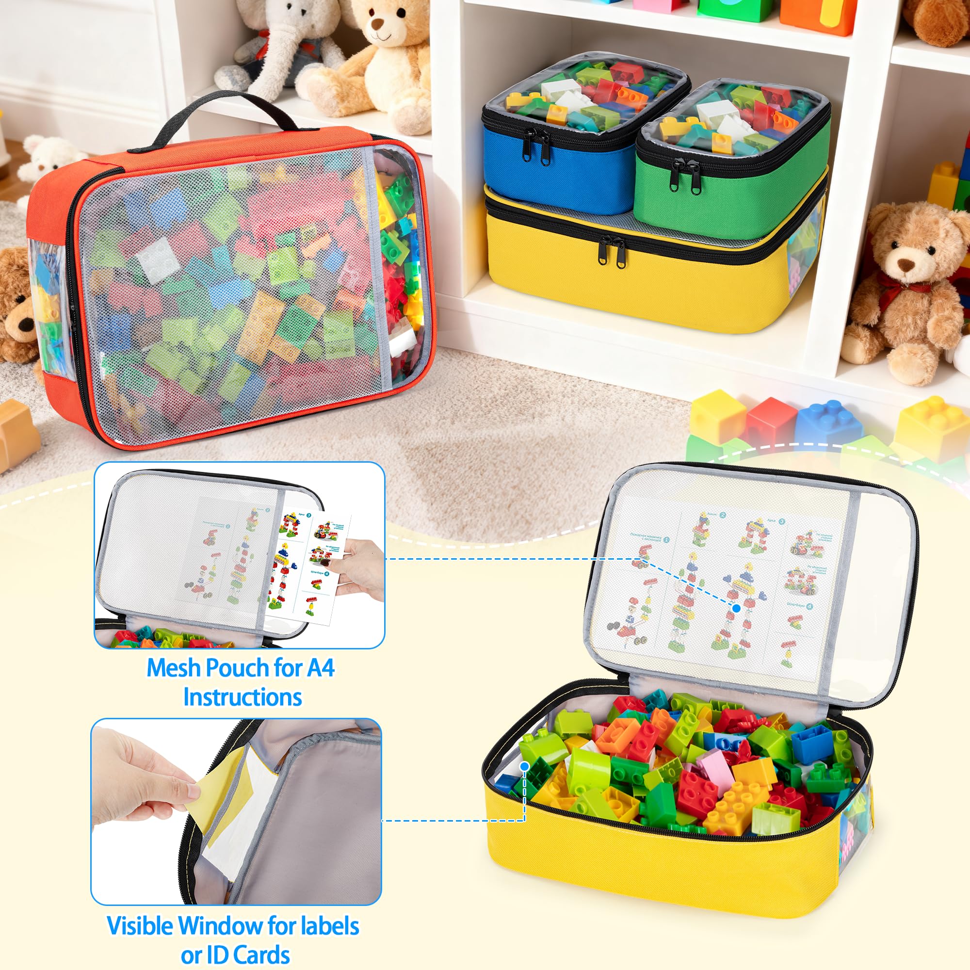 Rexmica 4 Pezzi Sacchetti Portaoggetti per Giocattoli, Borsa per Trasporto per Puzzle, Blocchi di Costruzione, Giochi da Tavolo, Borsa da Viaggio per Vari Piccoli Giocattoli (Solo Borse)