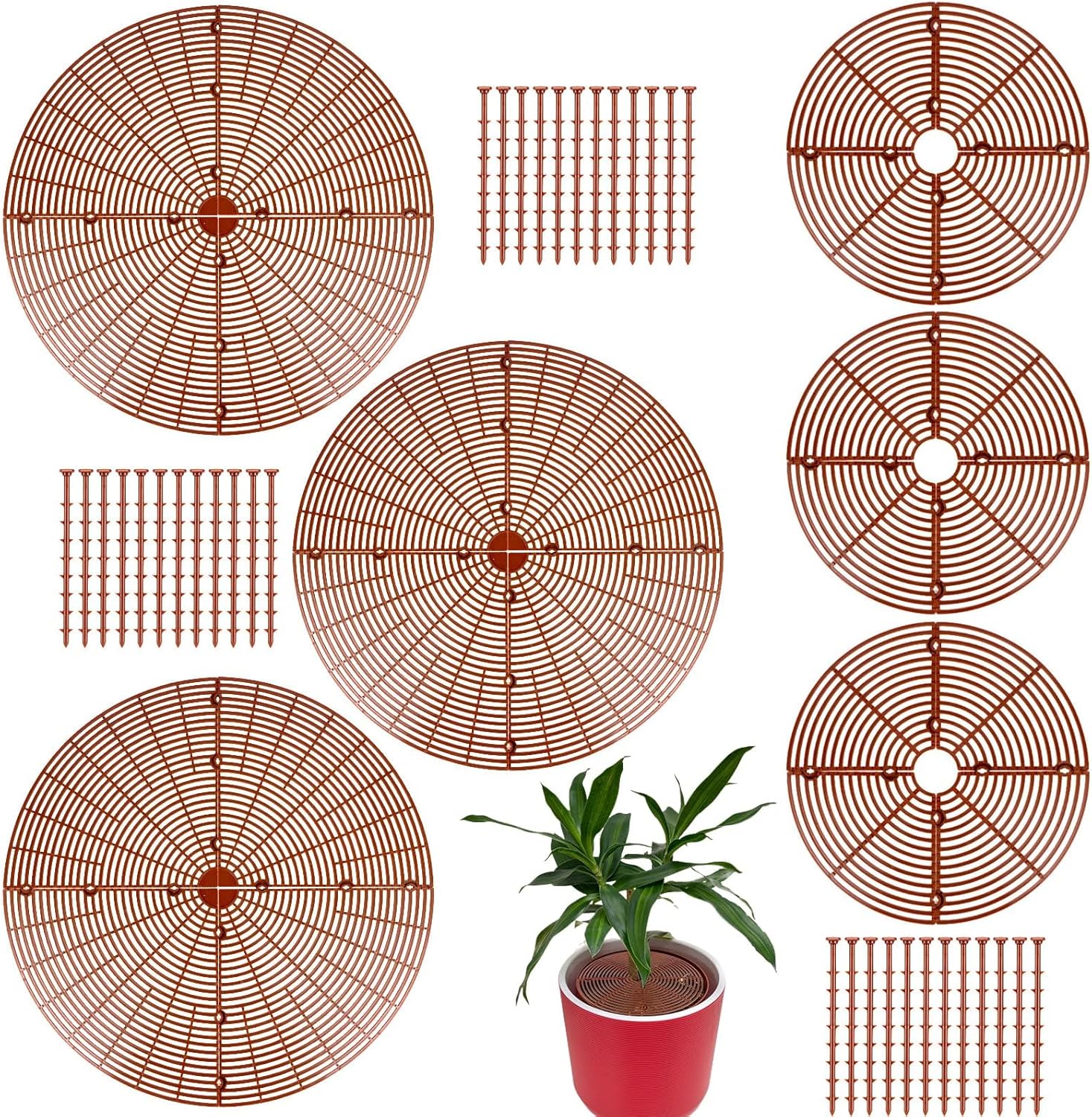 6 Pcs Plant Grid Soil Protector Covers 11.8 Inch 20.8 Inch Cuttable Flower Cover with 60 Stakes Plastic Pot Grid for Indoor Outdoor