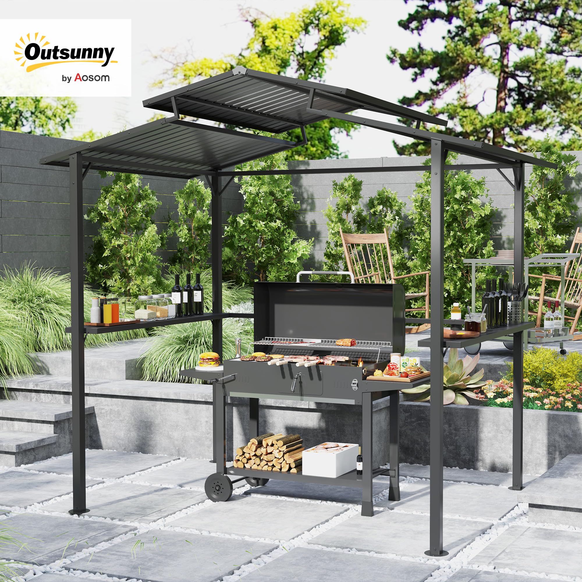 Outsunny Pavillon de barbecue 250 x 160 x 250 cm étanche Pavillon de jardin avec toit double couche, étagères latérales, tonnelles avec protection UV, pavillon BBQ, tente de jardin tente de barbecue
