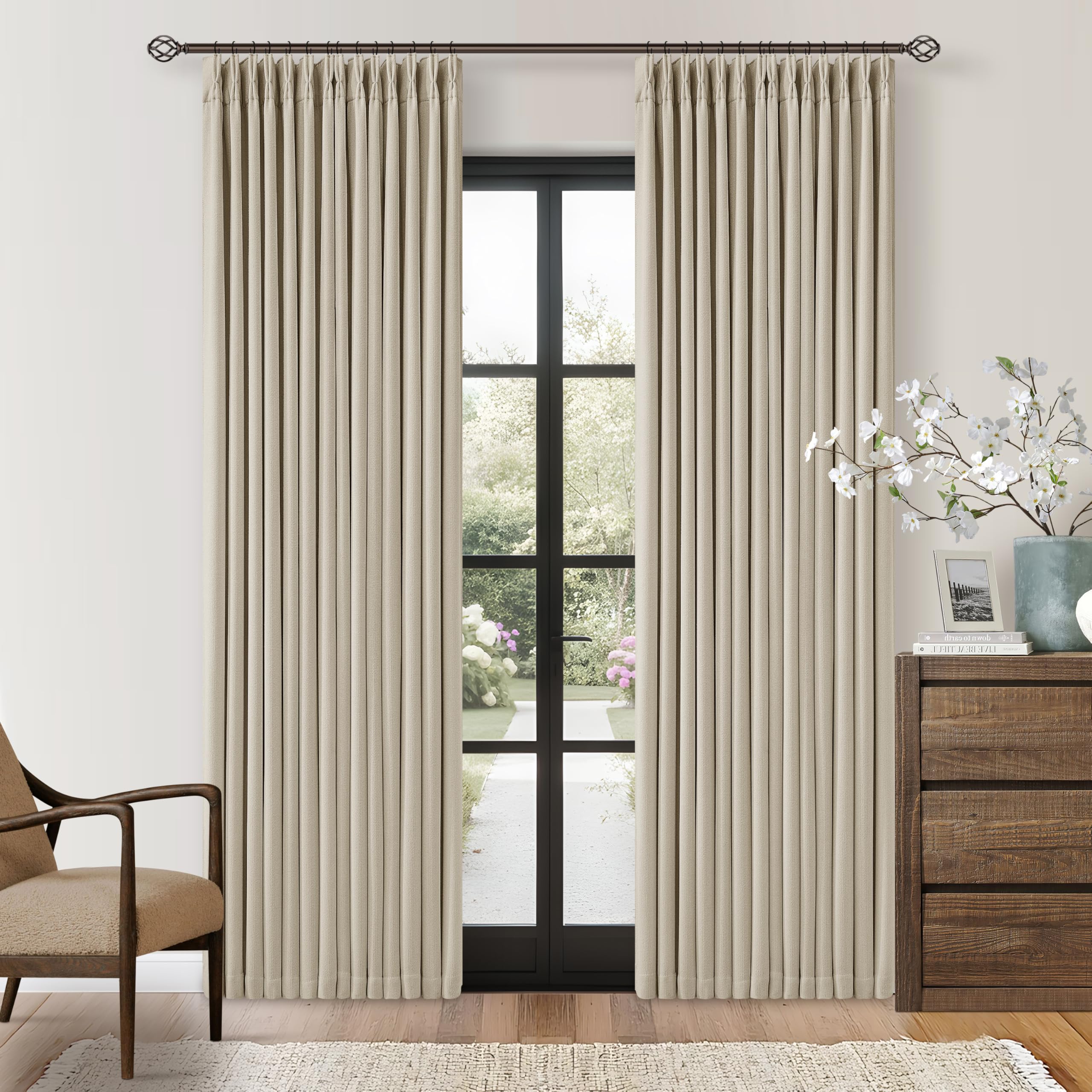 Oatmeal Beige Linen Pinch Pleat Blackout Curtains 84 Inches Long with Liner — image 1