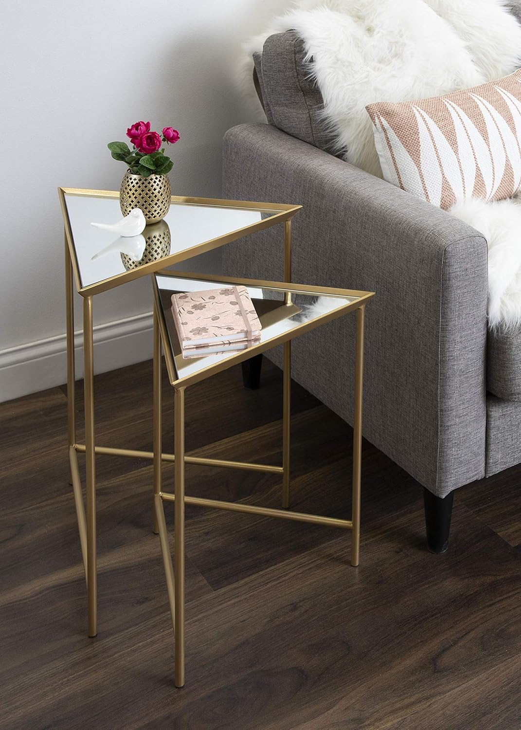 Kate and Laurel Trena Glam Metal Triangle Nesting Tables, Set of 2, Gold with Mirrored Surface, Decorative End Tables for Display and Storage
