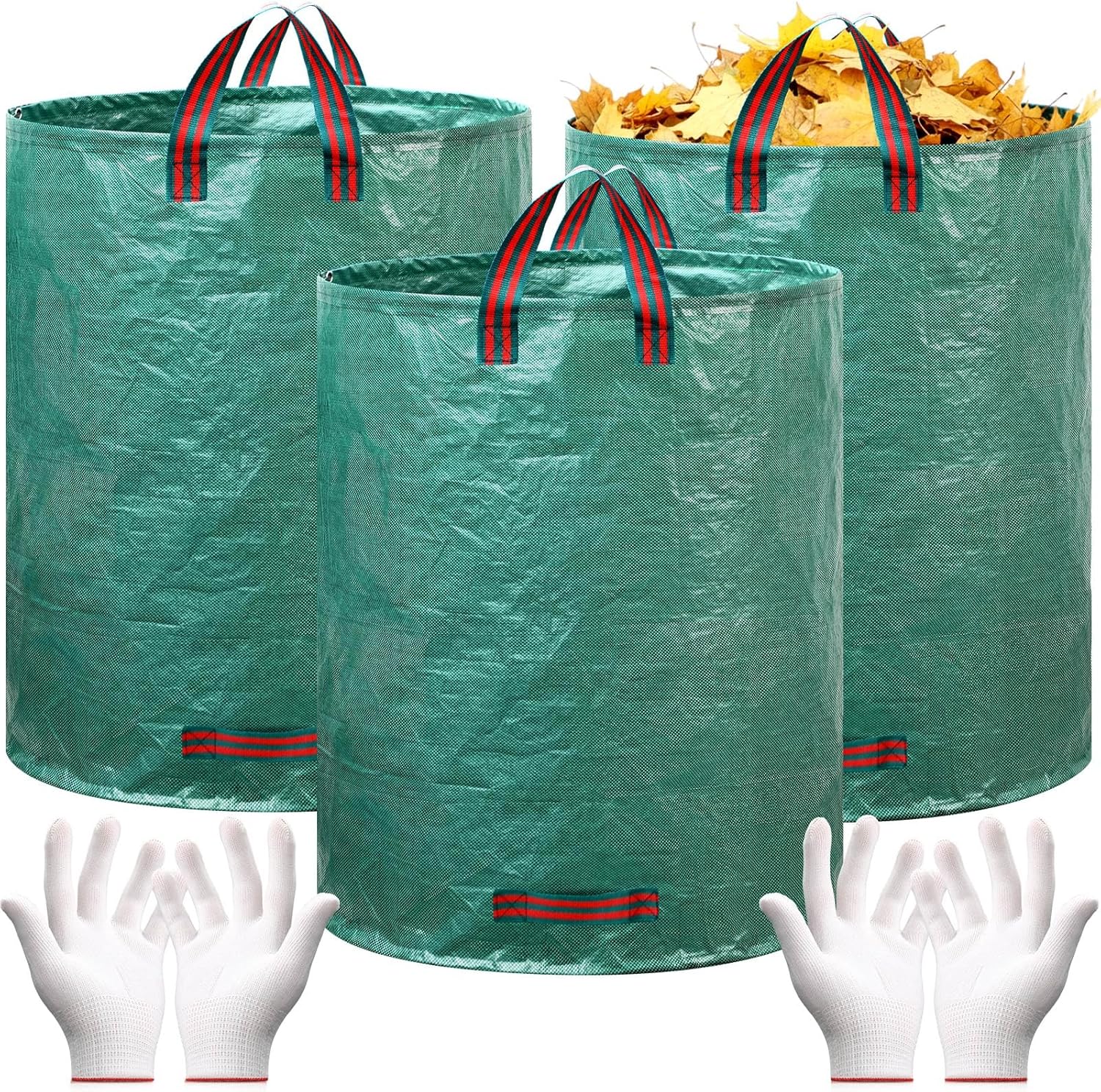 5 Pcs 132 Gallon Reusable Lawn Garden Bags Set, 3 Pcs Reusable Heavy Duty Collapsible Garden Leaf Bags with Reinforced Handles and 2 Pair Gloves for Lawn Leaves Waste Collection& Grass Clipping