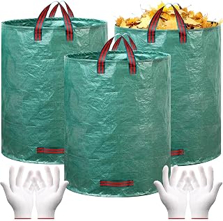 Wesnoy 5 Pcs 132 Gallon Reusable Lawn Garden Bags Set, 3 Pcs Reusable Heavy Duty Collapsible Garden Leaf Bags with Reinforced Handles and 2 Pair Gloves for Lawn Leaves Waste Collection& Grass Clipping