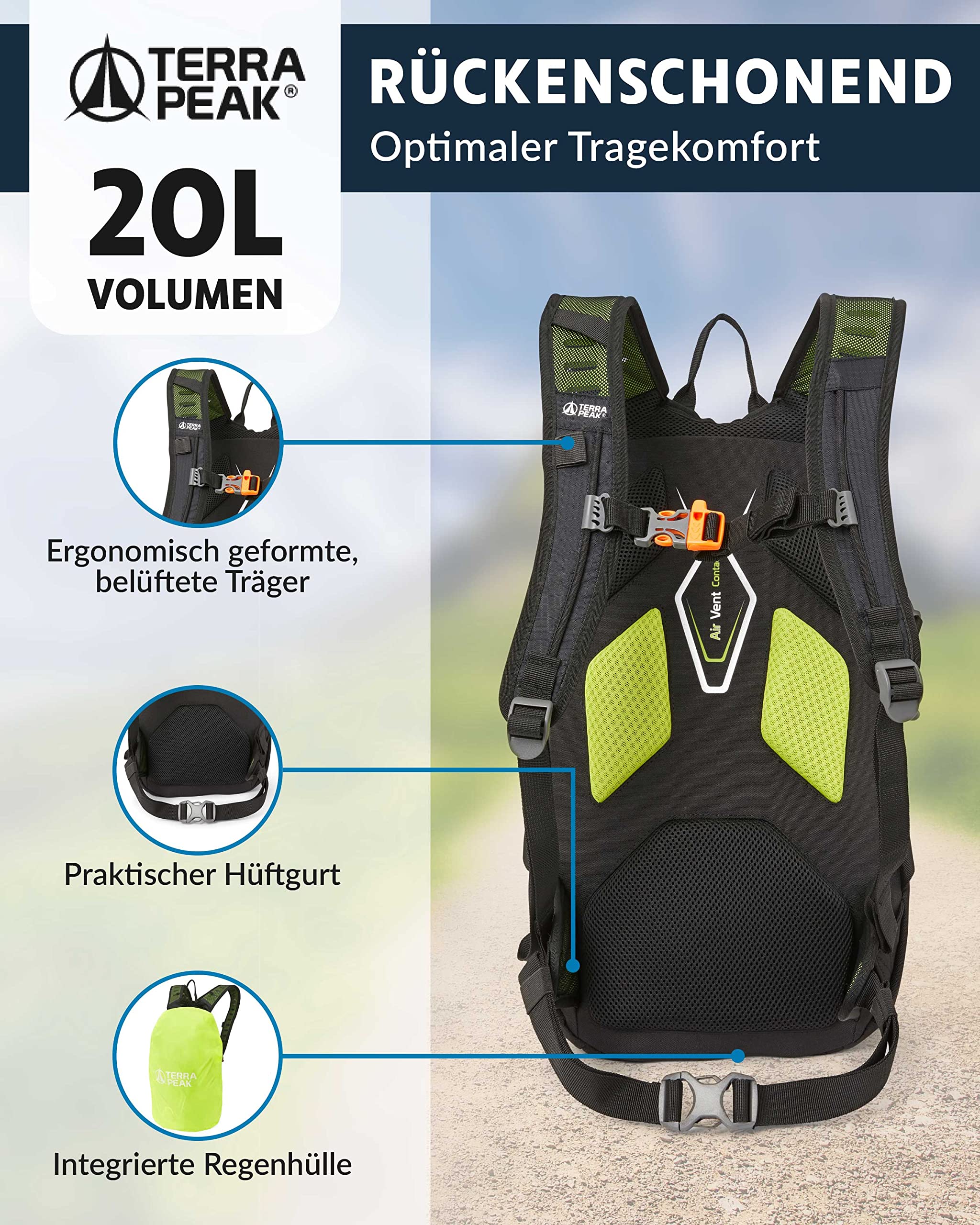 Terra Peak® Premium Wanderrucksack 20L (ACTIVE 20) Damen & Herren klein - Trekkingrucksack ergonomisch mit Rückenbelüftung, Regenschutz & Trinksystemhalterung - Rucksack aus 3D Air Mesh & Hüftgurt