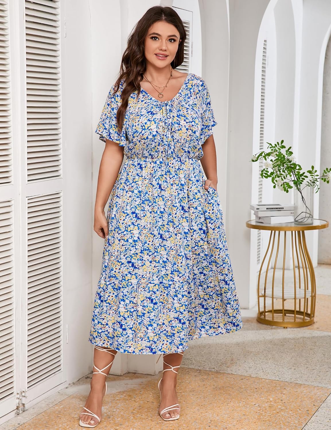 KOJOOIN Womens Plus Size Summer Dress V Neck Short Sleeve Tie Front Boho Beach Floral Printed Maxi Dress with Pockets - Image 3