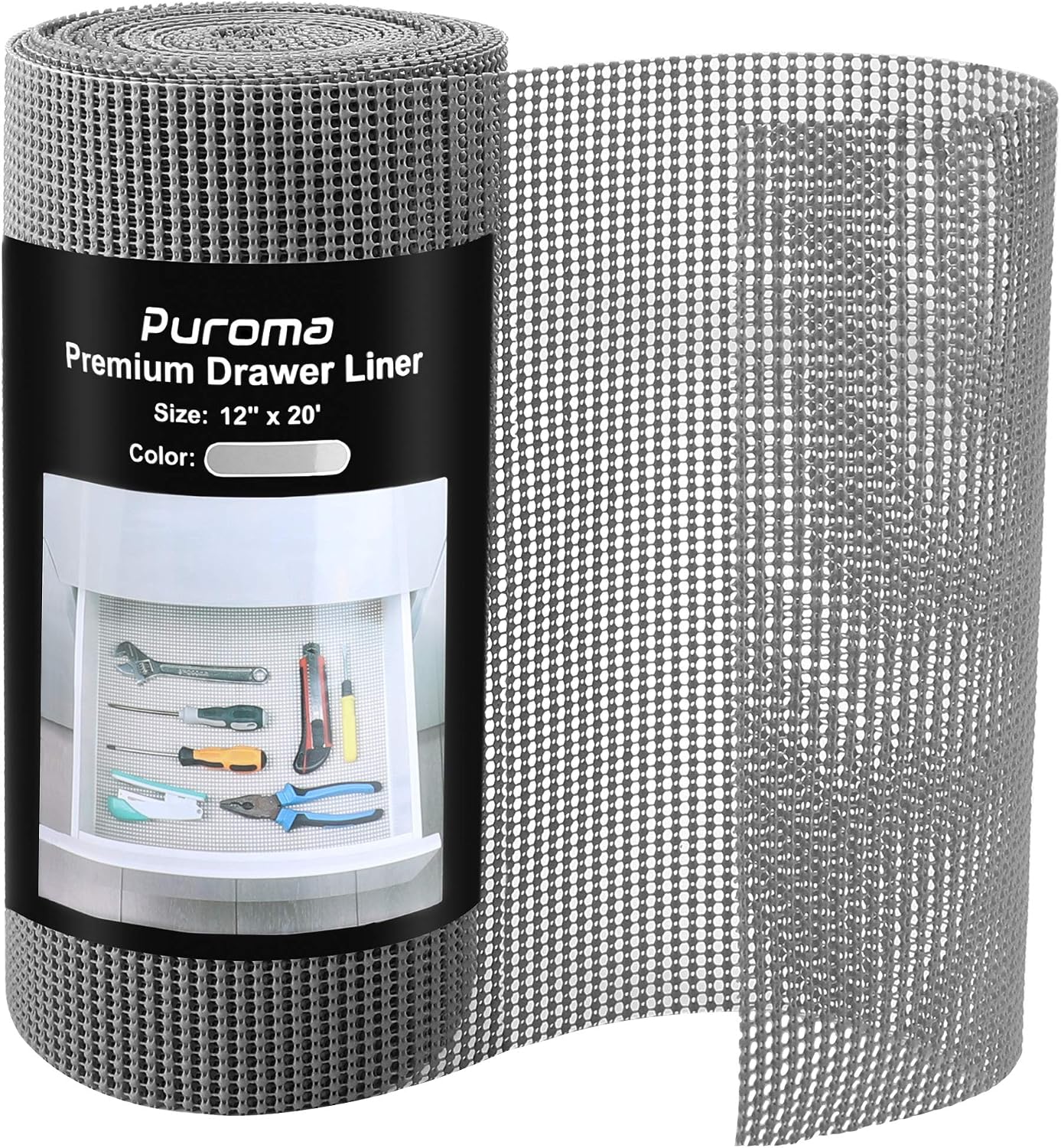 Puroma 12 Inch x 20 FT Drawer and Shelf Liner, Drawer Cabinet Non-Adhesive Protection, Durable and Strong Grip Liners for Drawers, Shelves, Kitchen, Cabinets, Storage, and Tables (Grey)