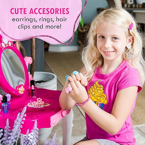 Miniatura 3 de Juego de tocador para niñas pequeñas con espejo y mesa de maquillaje para niños, juego de belleza con accesorios de moda y maquillaje