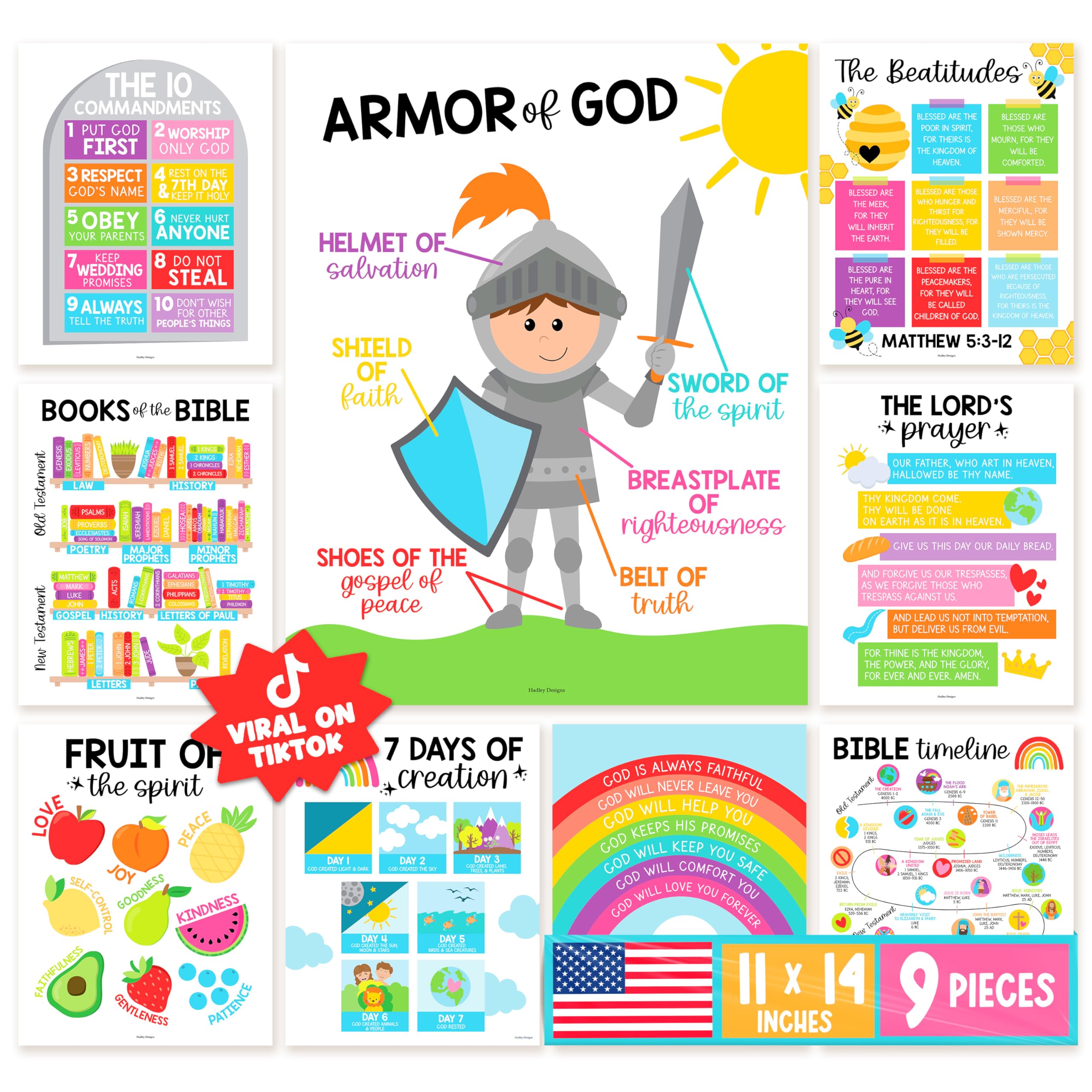 Hadley Designs Sunday School Decorations for Classroom – 9 Bible Posters for Kids, 11x14in Books of the Bible Poster, 10 Commandments, Fruits of the Spirit & More – Rainbow Christian Classroom Decor