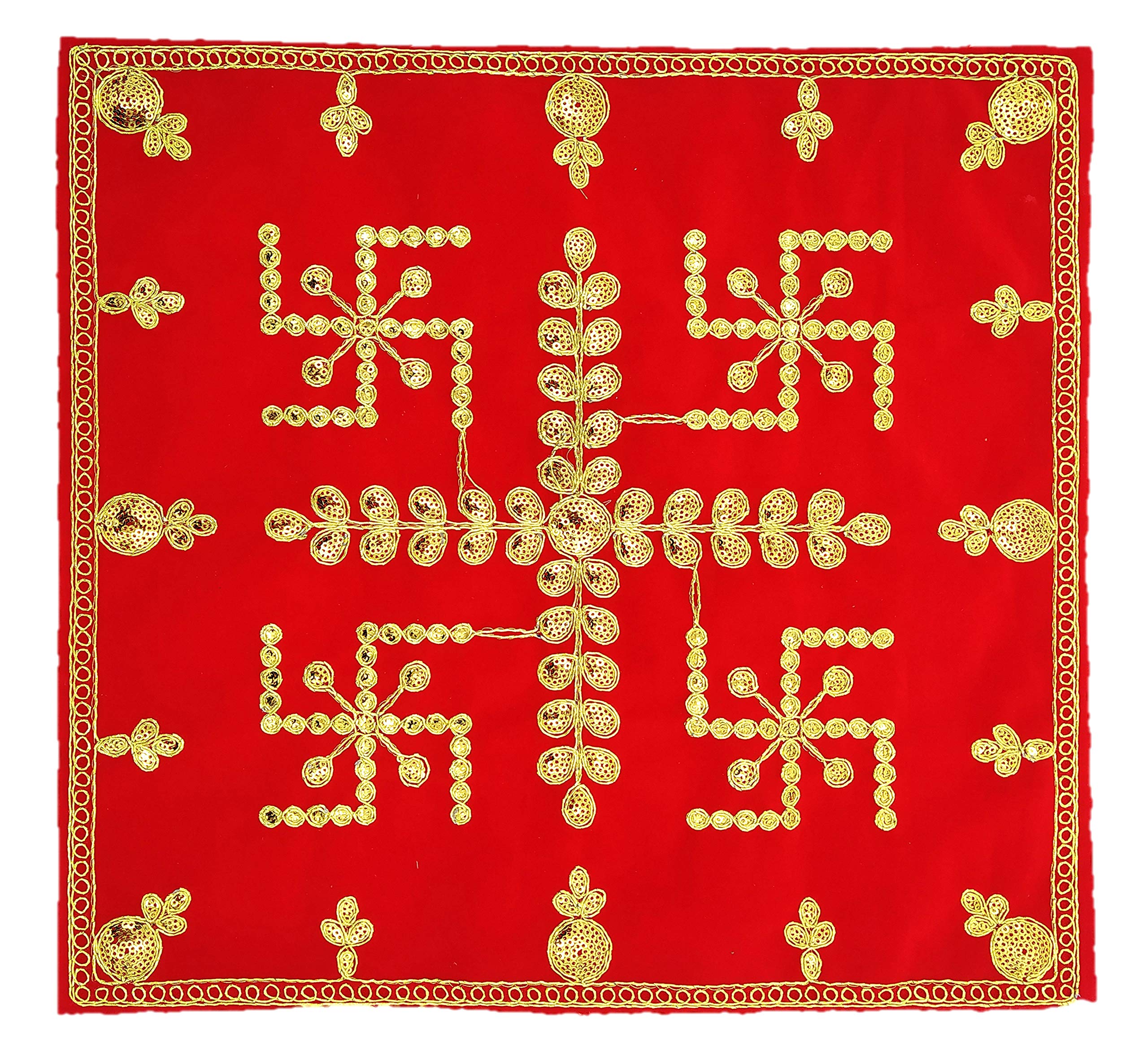 Bhakti Lehar (15 x 15 Inch) Embroidered Swastik Design Red Velvet Pooja Aasan Cloth for God Idol, Chowki, Home Mandir, Temple Shelf and Other Puja Rituals - Pack of 1