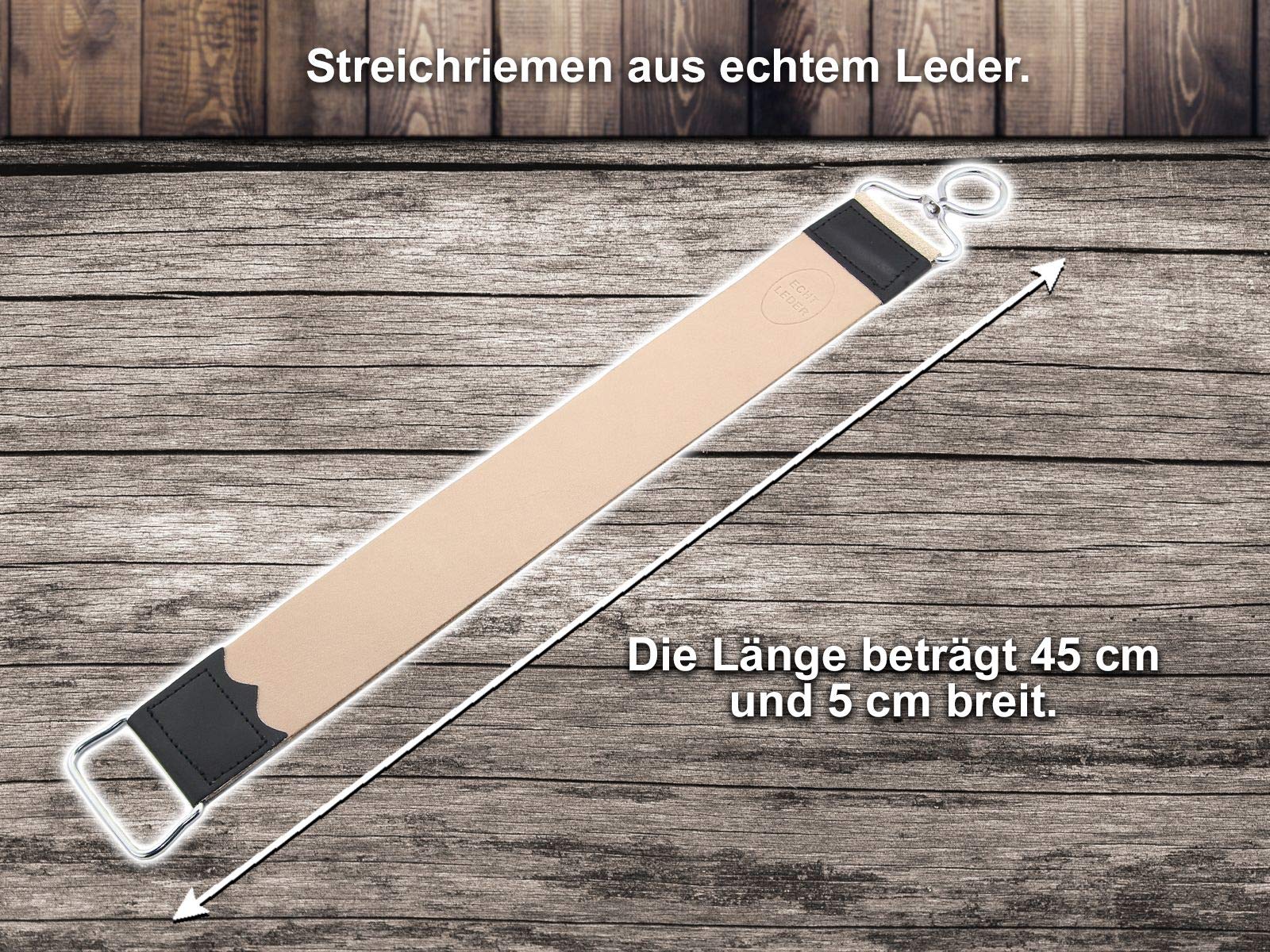 InstrumenteNrw Streichriemen mit Rasiermesser als Bartmesser Set - 2-Teilig - Klinge mit Goldätzung - Hängeriemen aus echtem Rindleder & Wildleder 45 cm