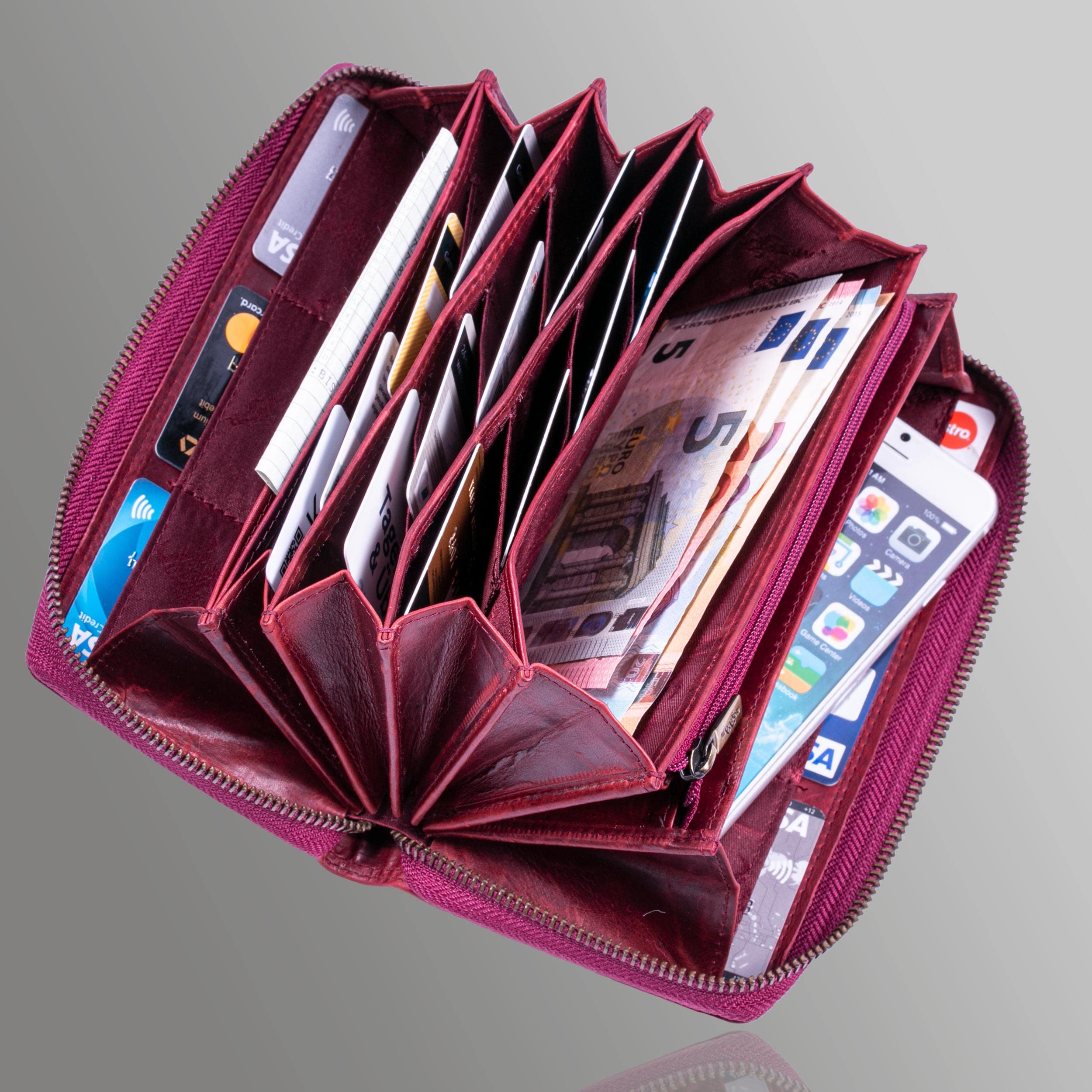 MATADOR Portefeuille en Cuir véritable pour Femme Compartiment Unique pour Cartes de crédit et Fermeture éclair en métal | Porte Monnaie avec Protection RFID certifiée TÜV et boîte Cadeau | Rose