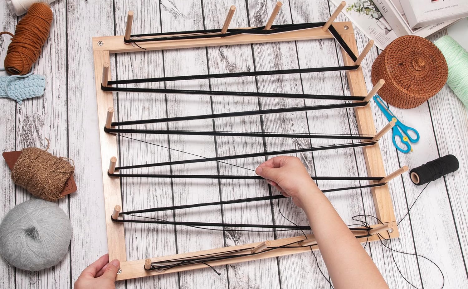 WILLOWDALE Wooden Warping Board，5.7 Yard Warping Frame for Weaving Loom Kit, Yarn Loom Knitting Kit, Wood Knitting Loom Kit for Adults, Adjustable Weaving Kit for Beginner, Arts & Crafts Supplies