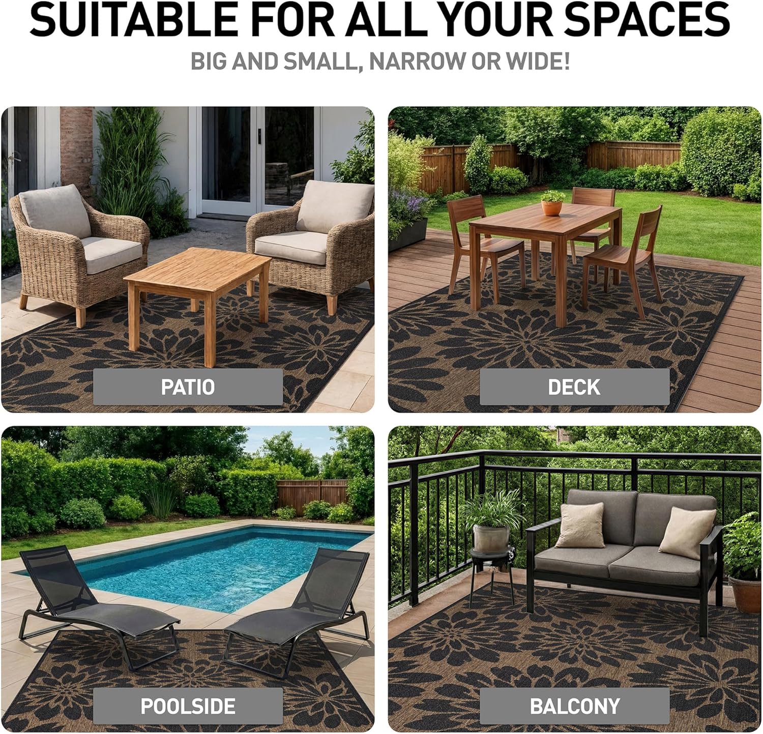 Rugshop Floral Indoor Outdoor Flat Woven Area Rug,Natural Jute-Style,Easy-Care Patio Rug for Backyard Porch Deck Balcony, 4' x 6' Dark Gray/Natural