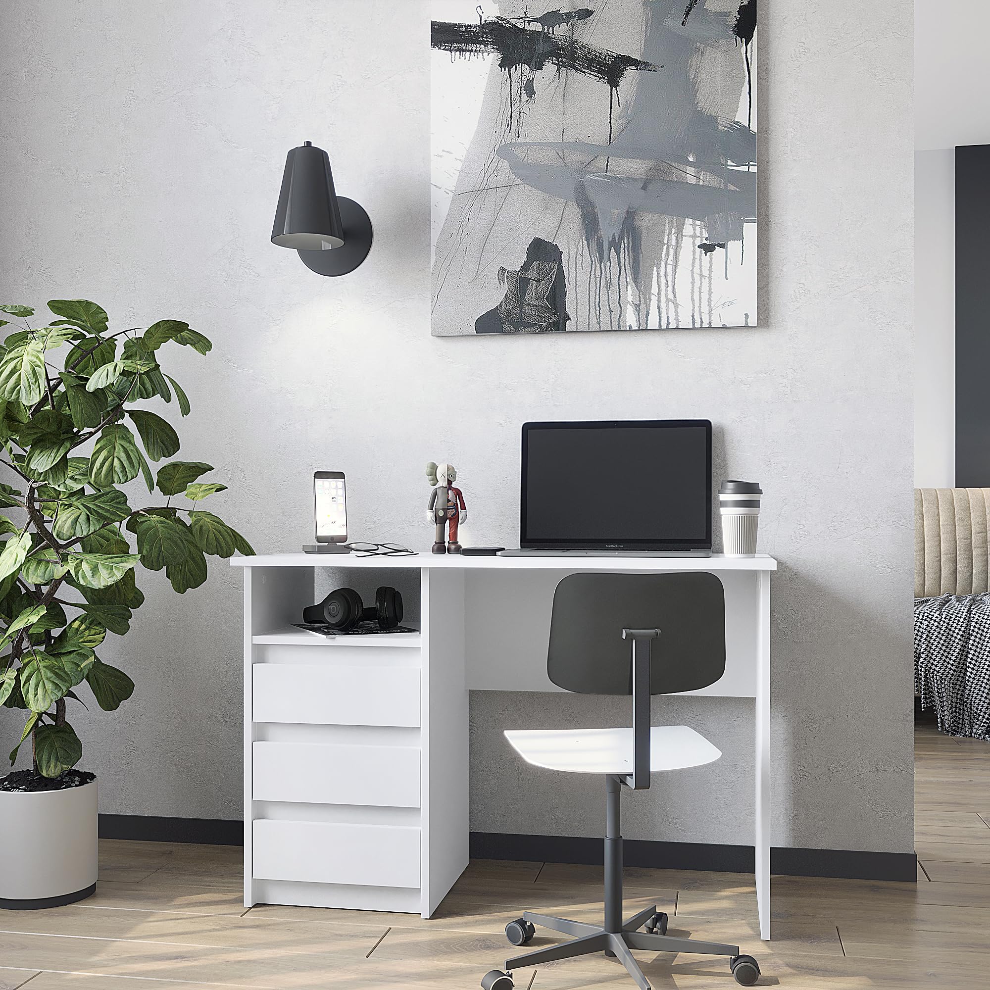 Komto Bureau avec Rangement – Modèle Blanc avec 3 Tiroirs, Idéal pour Chambre Ado ou Espace de Travail, Style Moderne | Oslo 110 x 50 x 74 cm