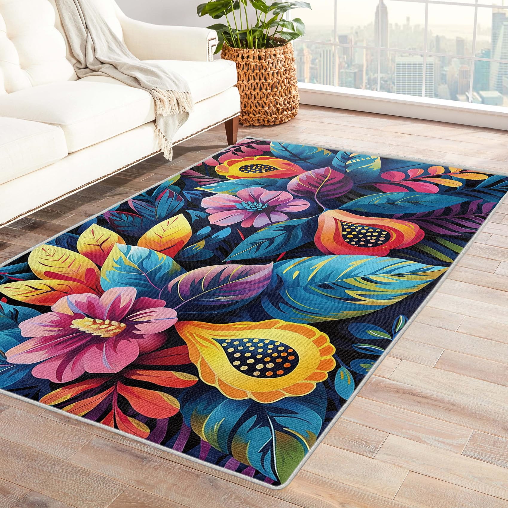 3 x 5 Area Rug Fruit Floral Rugs, Abstract Carpet for Living Room Bedroom Colorful Patterned Indoor Home Decor, Non Slip Soft & Low Pile Small Washable Rug ZJ&1001
