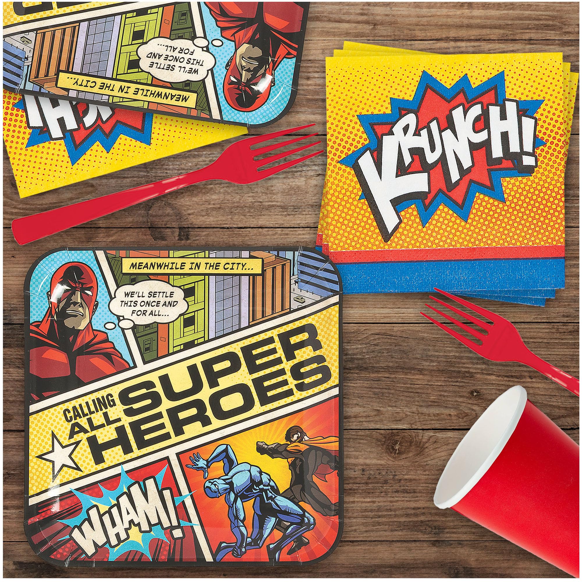 Comic Superhero Party Paper Platos de cena y periódicos titulares de almuerzo servilletas para fiesta de cumpleaños héroe (sirve 16)