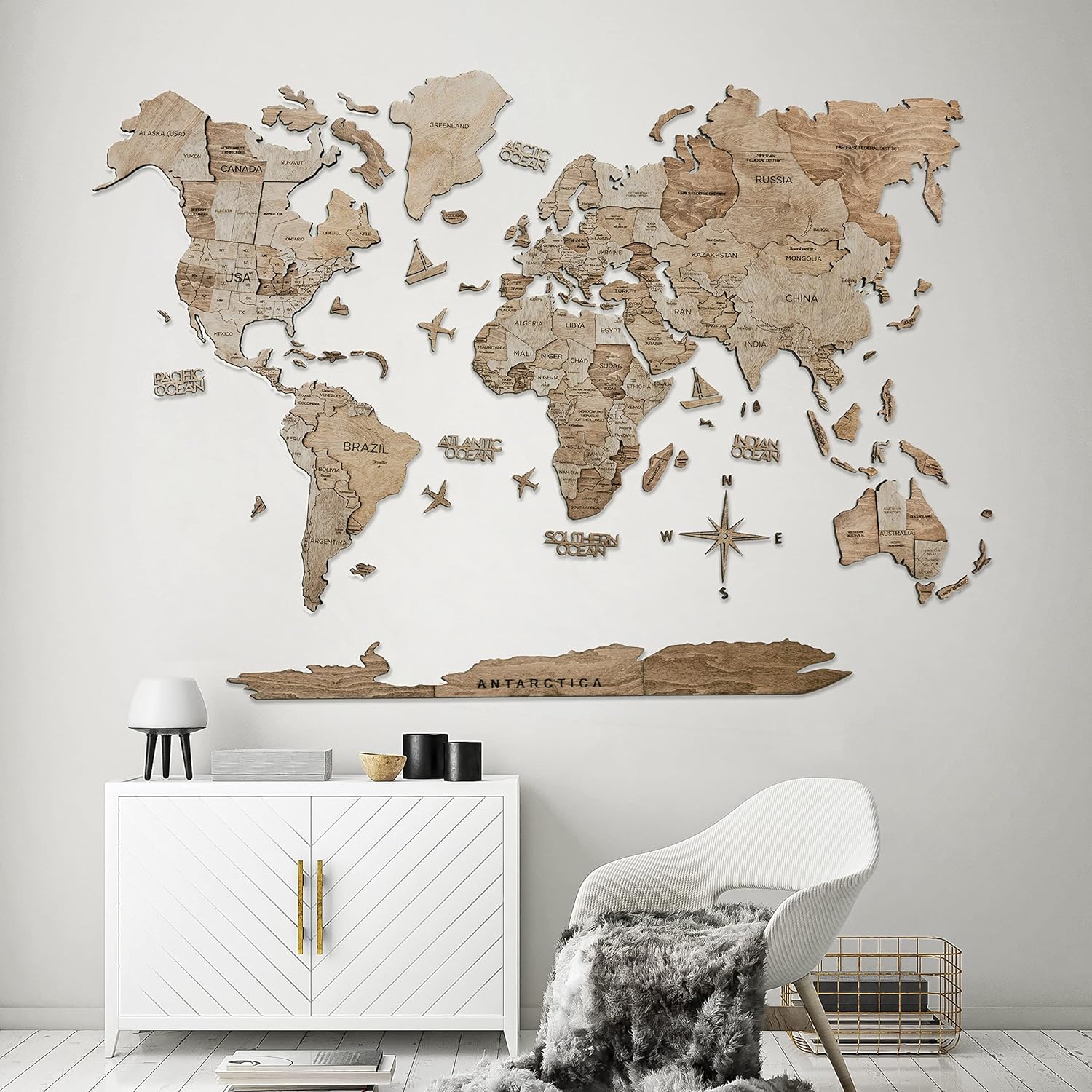 Awesometik" TERRA 3D World Wood Map Wall Art Decor - With Our Masterpiece Track Your World Travels - Special For Home, Kitchen And Office. Gift Boxed In M, L, XL sizes
