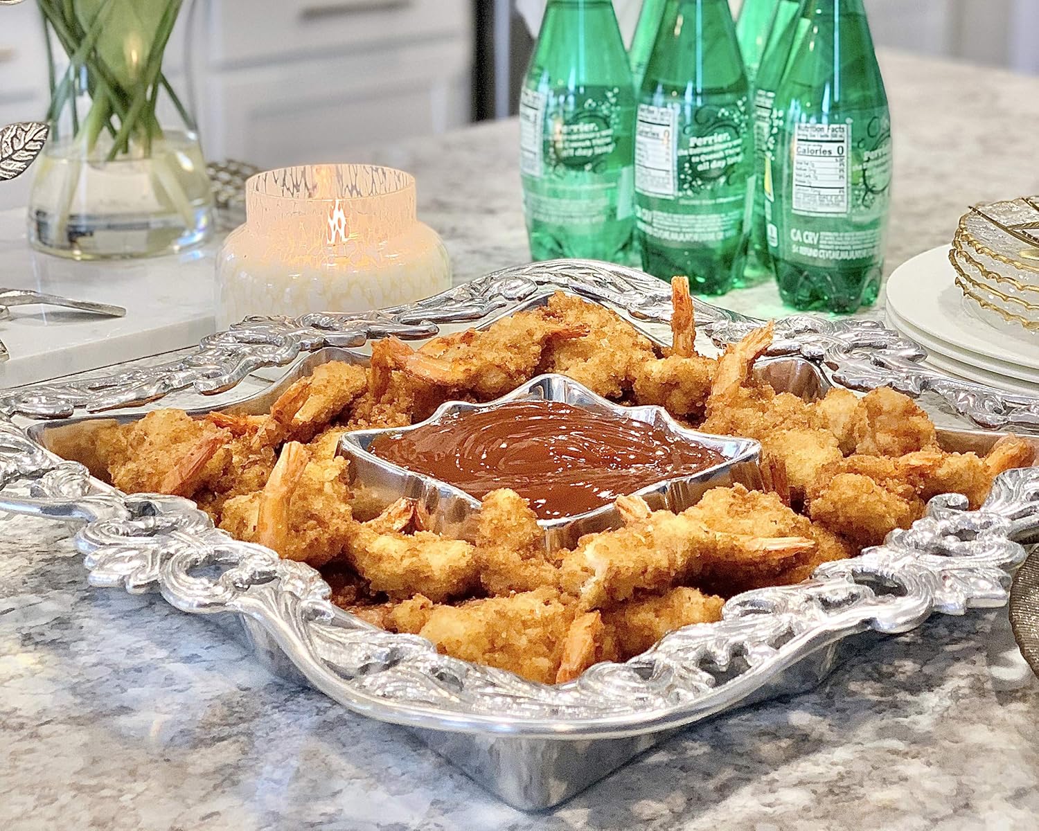 Arthur Court Designs Metal Chip and Dip Platter in Fleur-de-Lis Acanthus Pattern Sand Casted in Aluminum with Artisan Quality Hand Polished Designer Tarnish-Free 16 inch Diameter