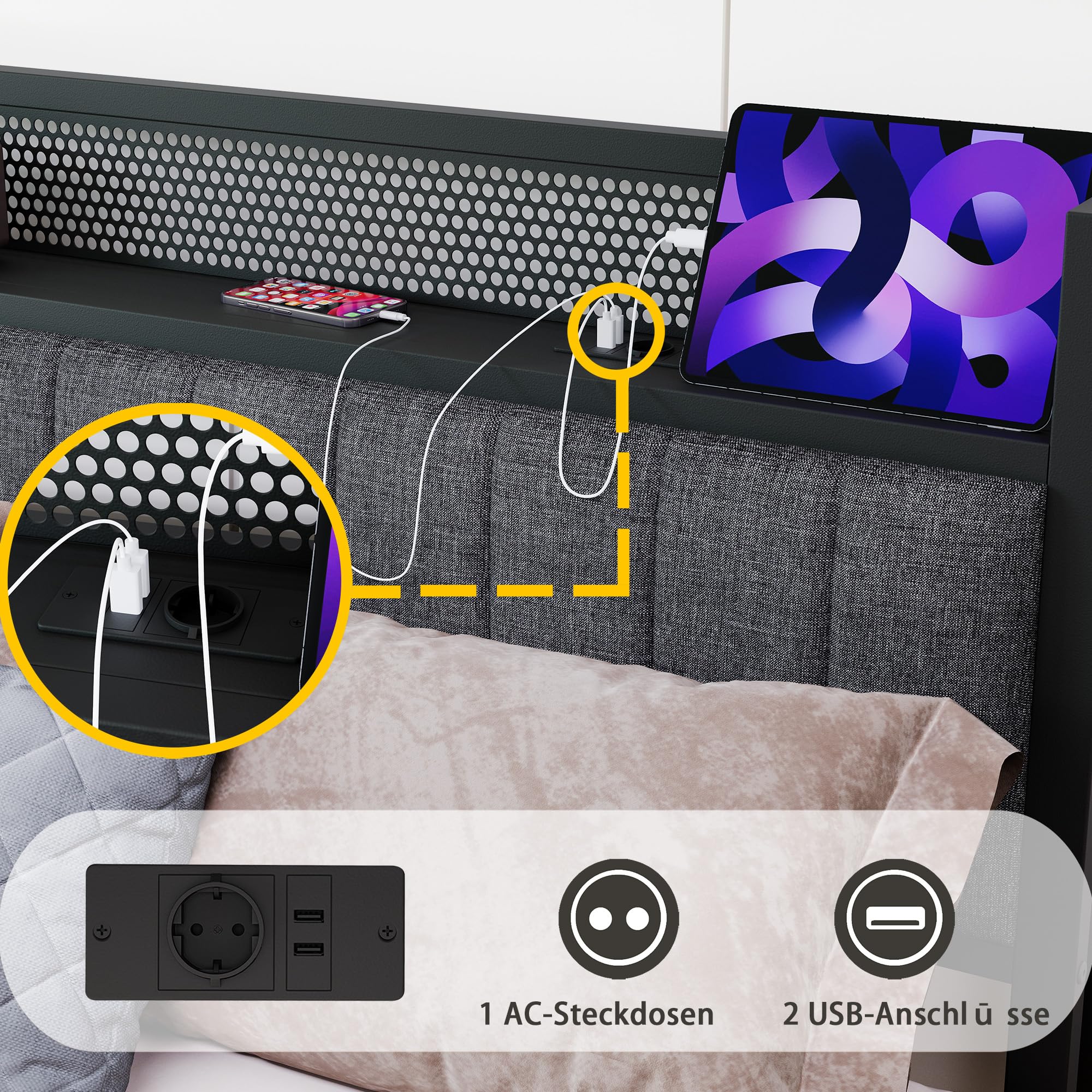 Bett 140x200 mit Metal Lattenrost,Bettgestell140x200 mit Kopfteil & Ladestation(2 AC-Steckdosen& 1 USB-Anschlüsse) Metallbett 140x200, Jugendbett, Doppelbett