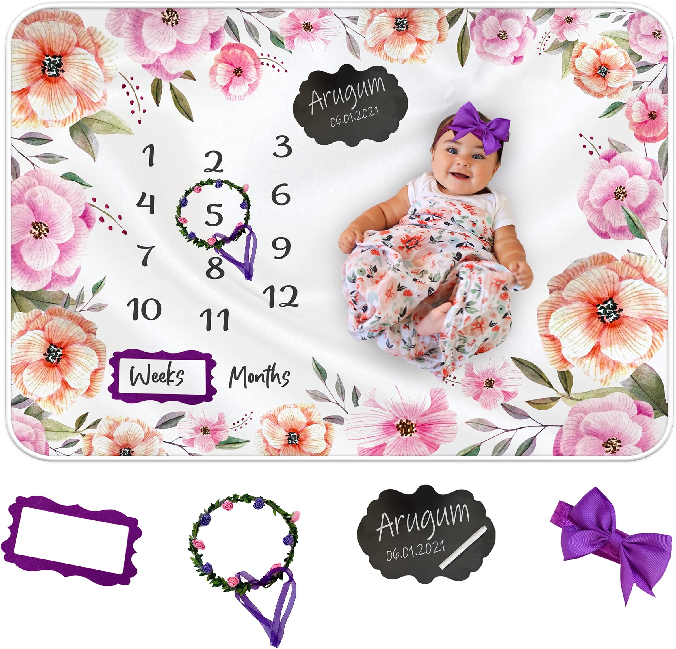 ARUGUMBABY Monthly Milestone Blanket Girl - Baby Photo Blanket - Growth Chart Blanket for Baby Girl - 60" x 40" Large (Nature Floral)