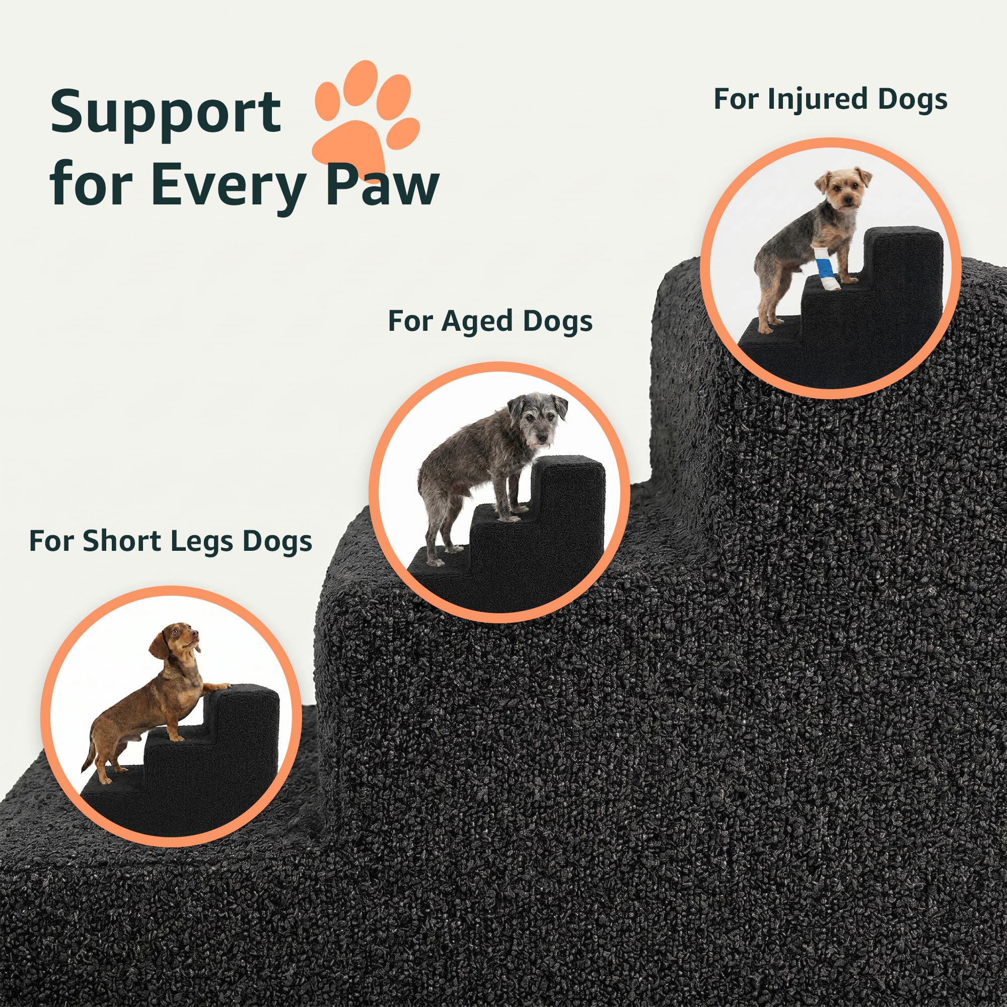 murando Escalera para Perros de 3 Etapas - Rampa de 30 cm de Altura para Cama y Sofá - Peldaños para Mascotas, Perros y Gatos - Espuma de Alta Densidad, Antideslizante - Material de Bouclé - Negro