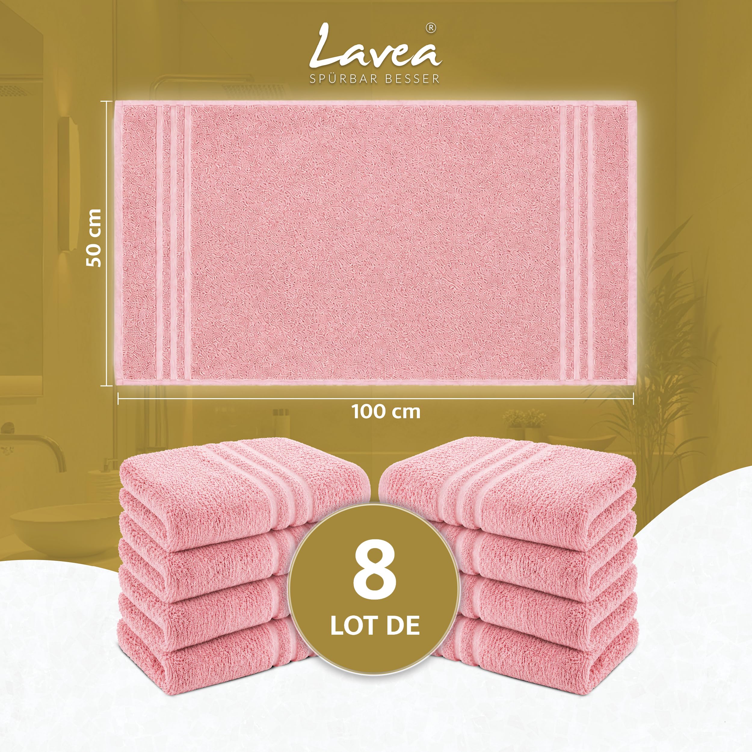 Lavea® Lot de 8 Serviettes de Bain 50x100 cm 100% Coton – Douces et Absorbantes – Parfaites comme Serviette Main, Essuie-Main ou Visage pour Maison, Hôtel et Spa – Rose Pastel