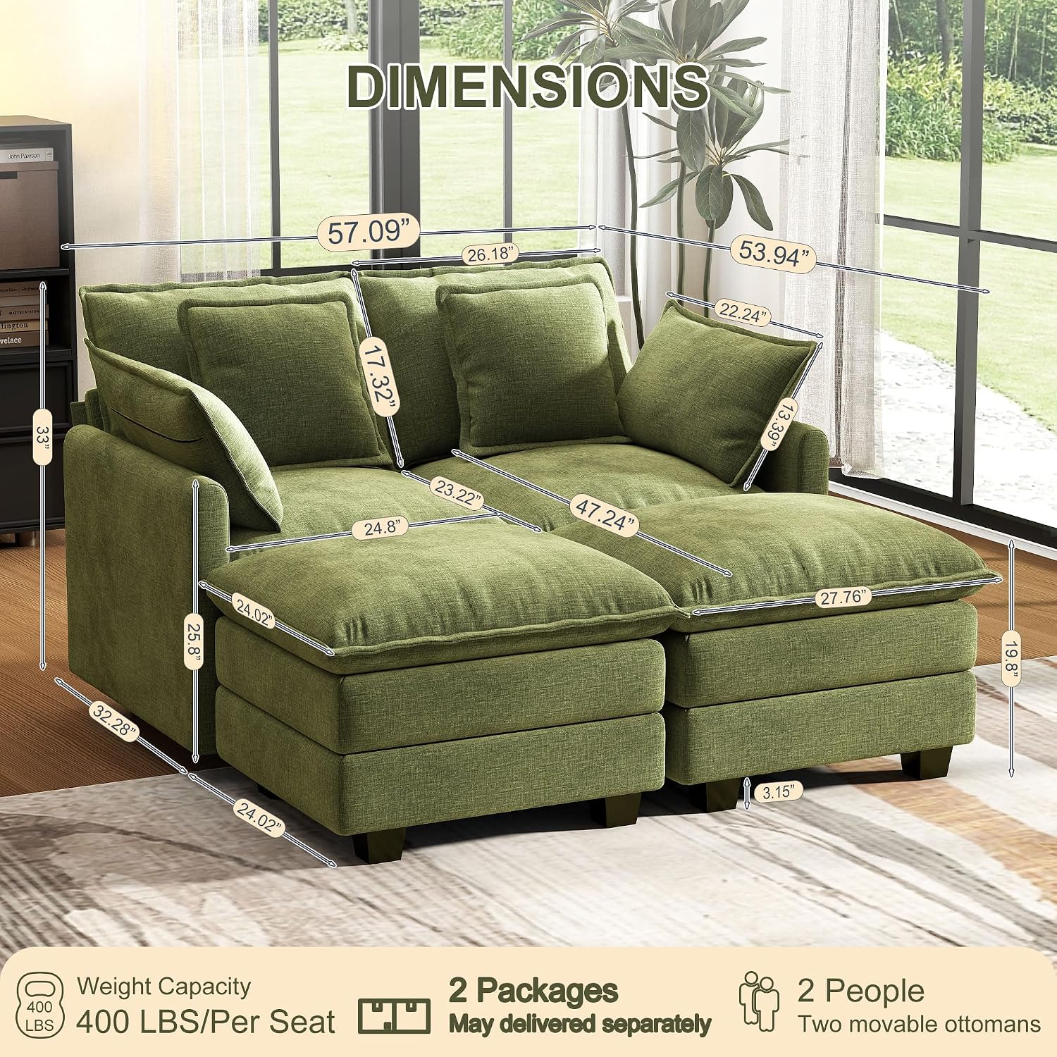  58" Cloud Couch Sectional Modular Sofa, Deep Seat Couches with Ottoman and Removable Washable Pillows for Living Room, Bedroom, Apartment, Green thumbnail