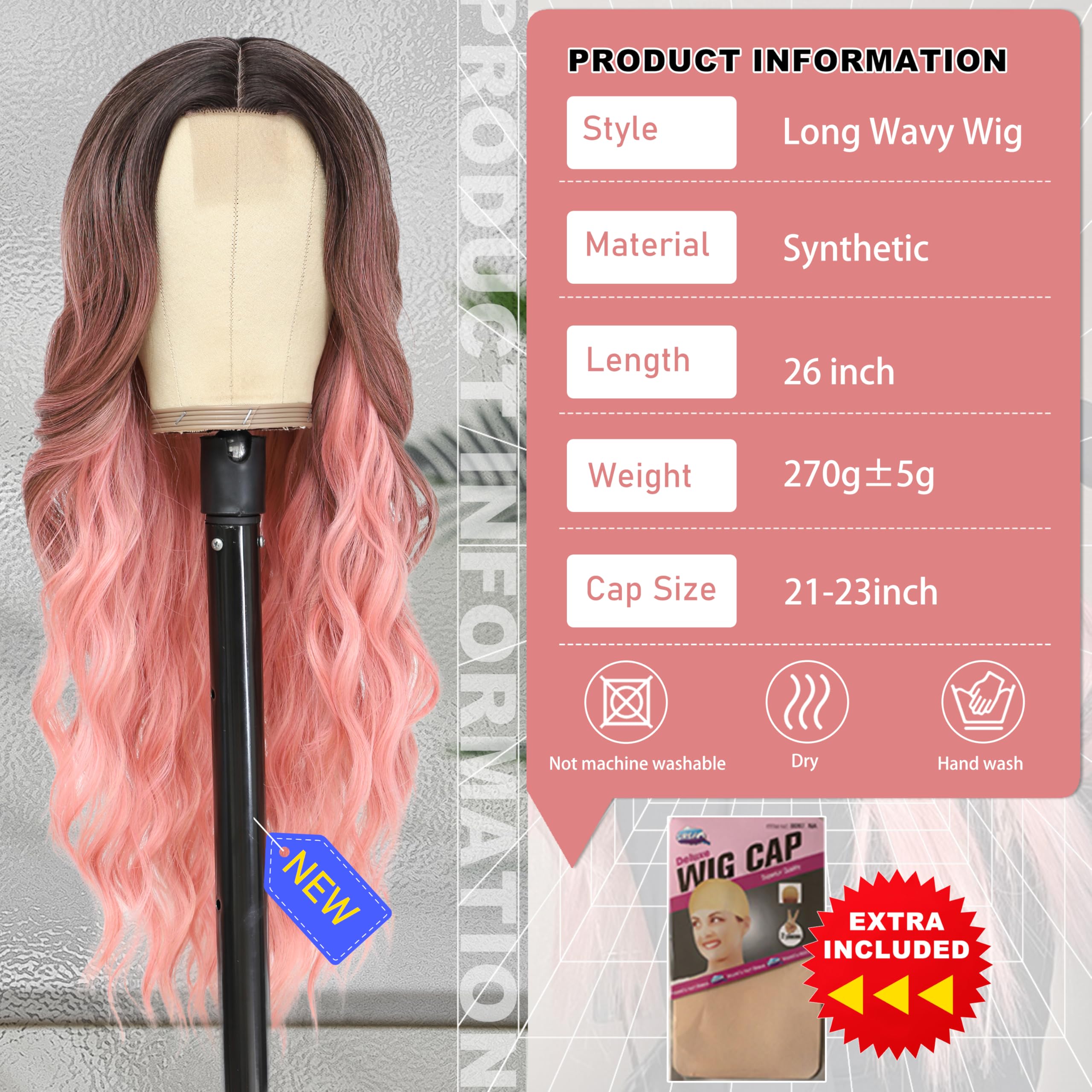 BUPPLER Cosplay Long Ombre Pink Wig 26 Inch Middle Part Synthetic Wig Realistic Gifts Party Wigs for Women Daily Use Colorful Wigs (Ombre Pink) - Image 2