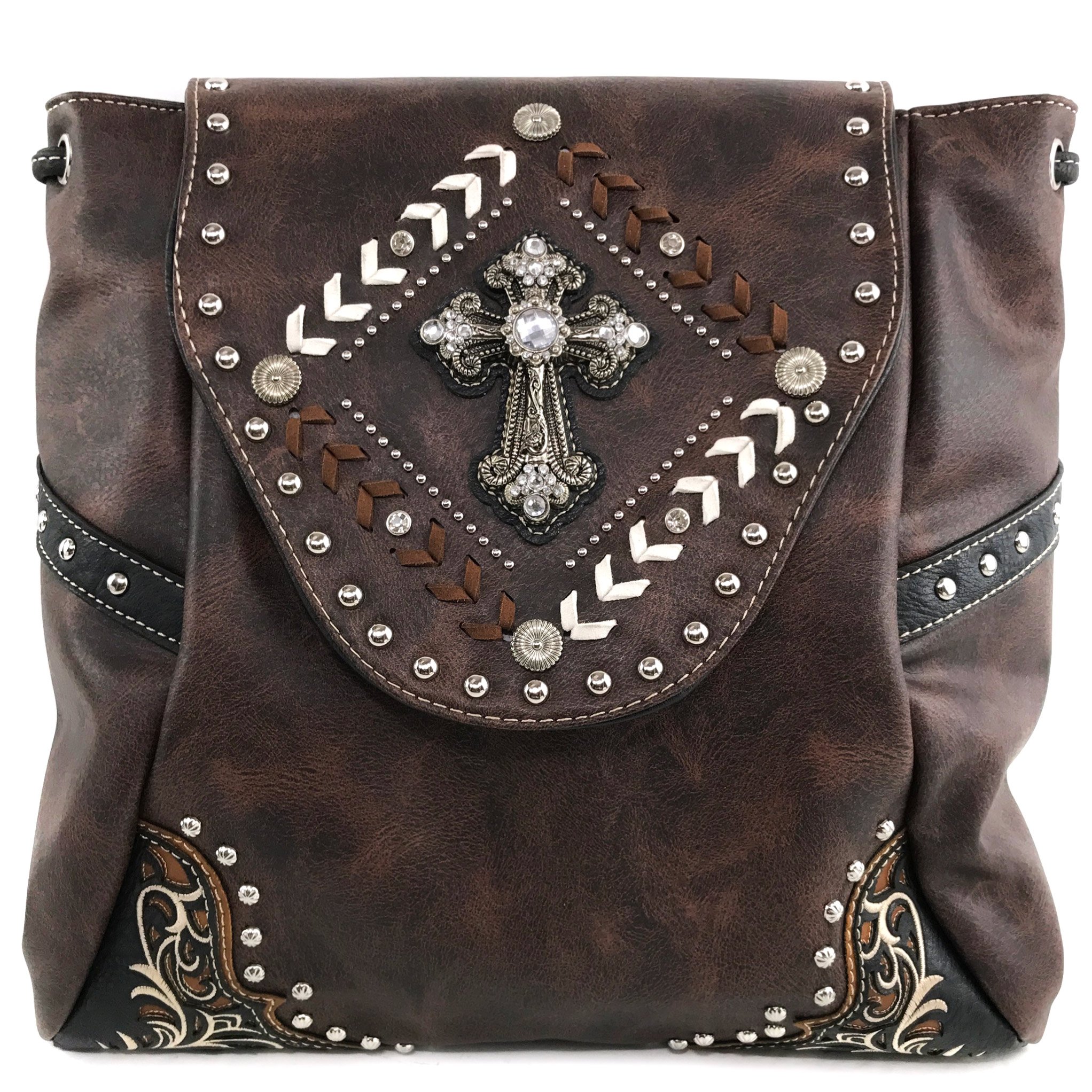 Justin West Trendy Western Cross Rhinestone Leather Conceal Carry Top Handle Square Backpack Purse