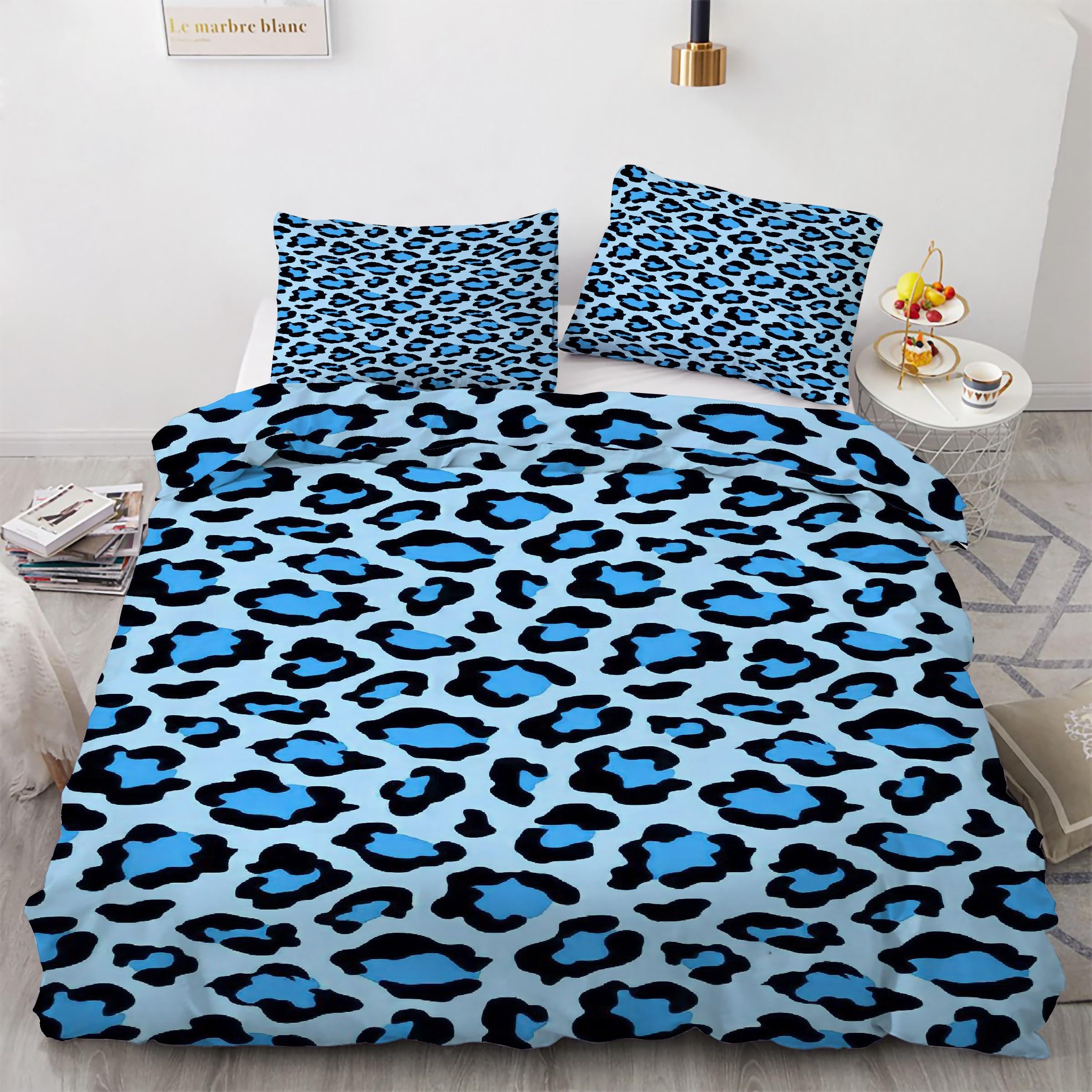 Housse de couette 220x240 bleu noir léopard parure lit 3 pièces