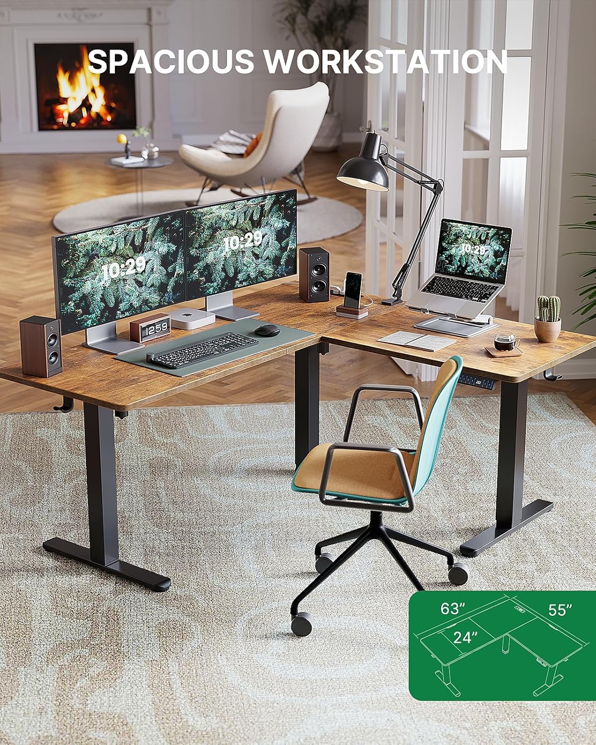 Marsail 63×55 in Electric Corner L-Shaped Standing Desk with 4-in 1 Electical Outlet, Computer Desk with Headphone Hook, Memory Sit Stand up Home Office Table, Ergonomic Gaming Table,Brown
