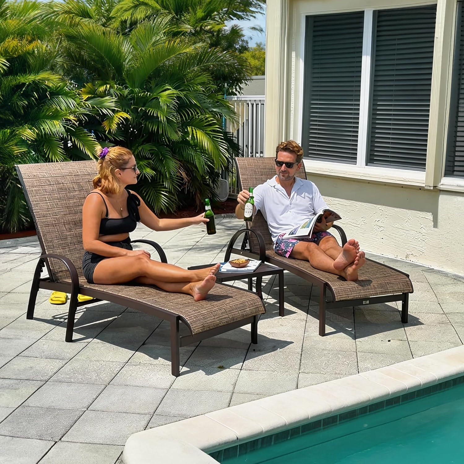 PURPLE LEAF Outdoor Chaise Lounge Chair Set of 3 Patio Pool Lounger Aluminum Chairs with Side Table Adjustable Tanning Recliner for Outside Yard Deck Lawn Garden Beach Brown