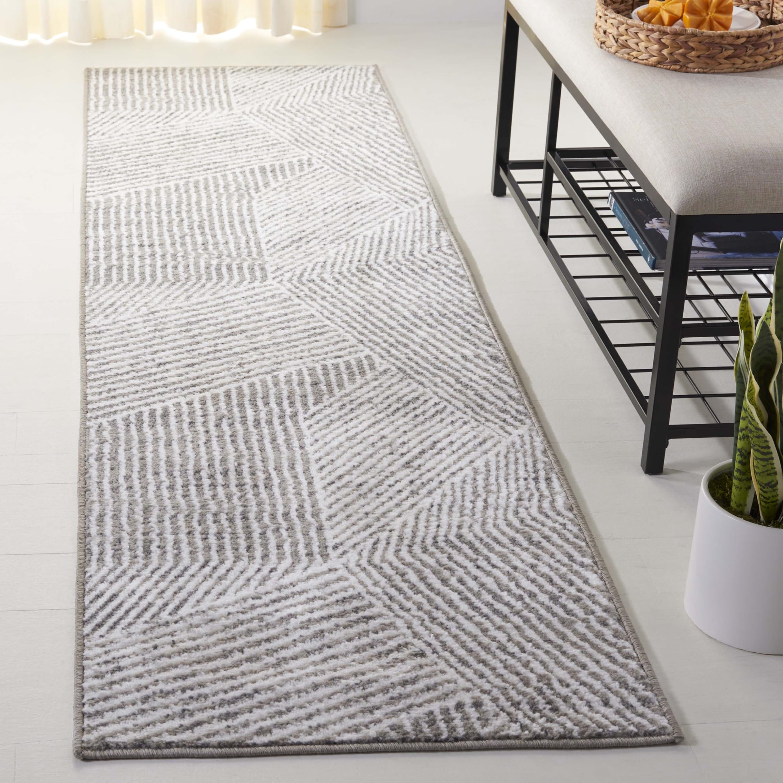 SAFAVIEH Pyramid Collection Runner Rug - 2'2" x 8', Grey & Ivory, Geometric Design, Ideal for High Traffic Areas in Entryway, Kitchen & Bathroom (
