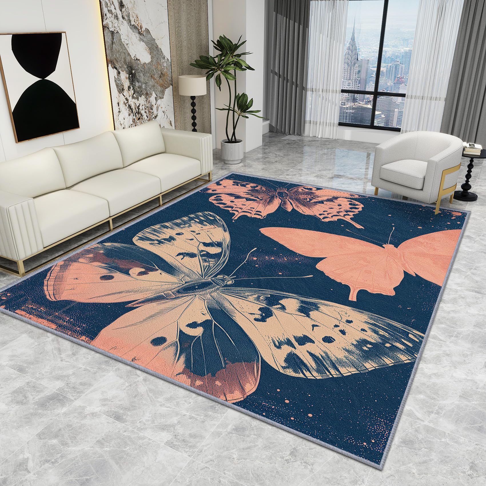 Butterfly Rug for Girls Bedroom - Butterfly Rug - Vintage Butterfly Moth Rugs, Rustic Pink Navy Blue Carpet, Washable Rug Non Slip Low Pile Large Area Rugs, Butterfly Home Decor Gifts, 140 X 200 cm
