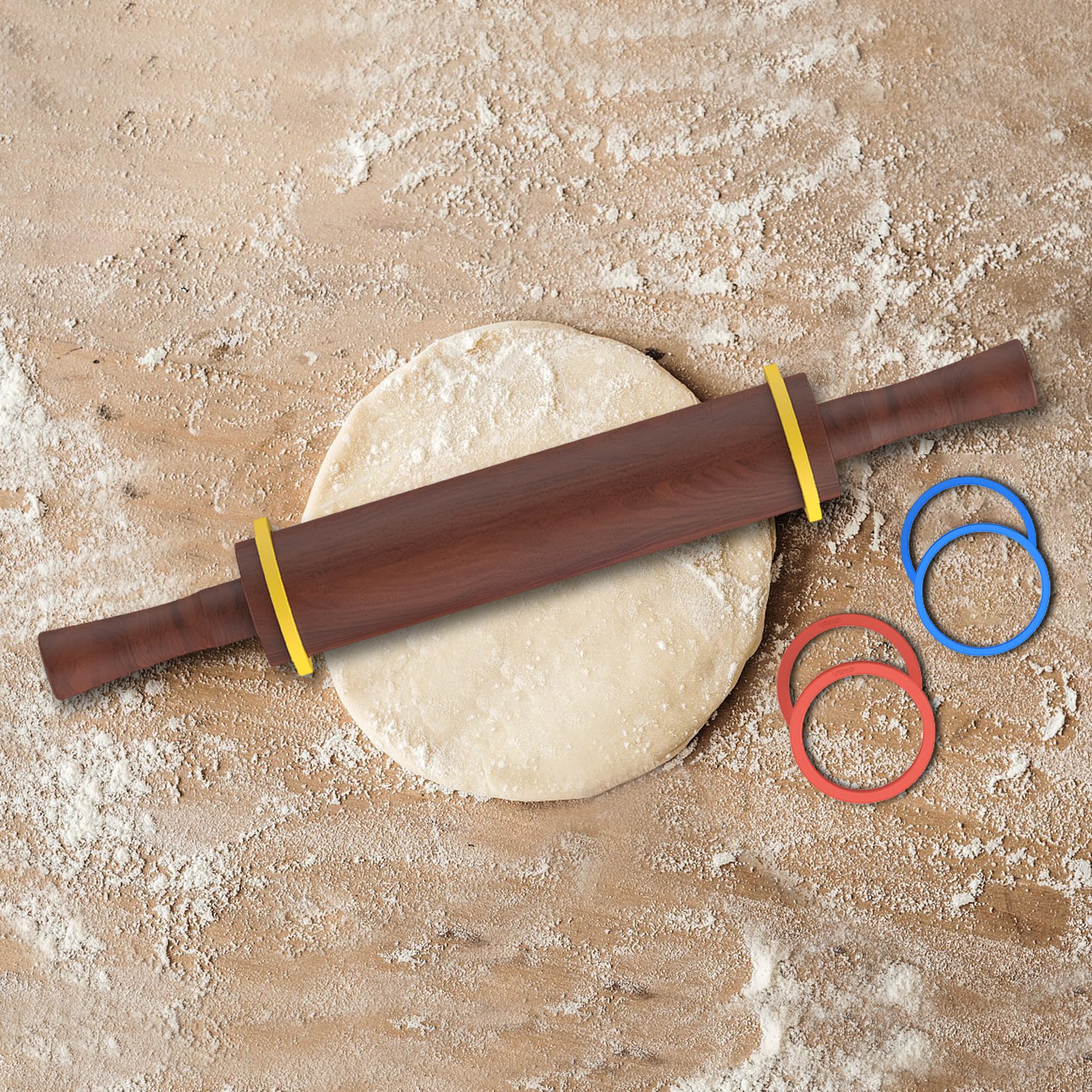 Rodillo de madera clásico con mango para fondant, pizza, pasteles, galletas, pasteles, rodillo para hornear con 3 anillos de grosor multicolor, 17 x 2.5 pulgadas (incluye asa)