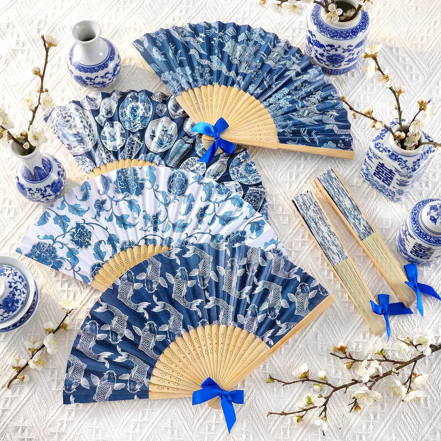 Roowest 36 Pcs Blue and White Folding Fans Bulk - Retro Chinoiserie Japanese Floral Paper Hand Foldable Fans for Wall Decor Wedding Guests Favor Gifts Tea Party Supplies
