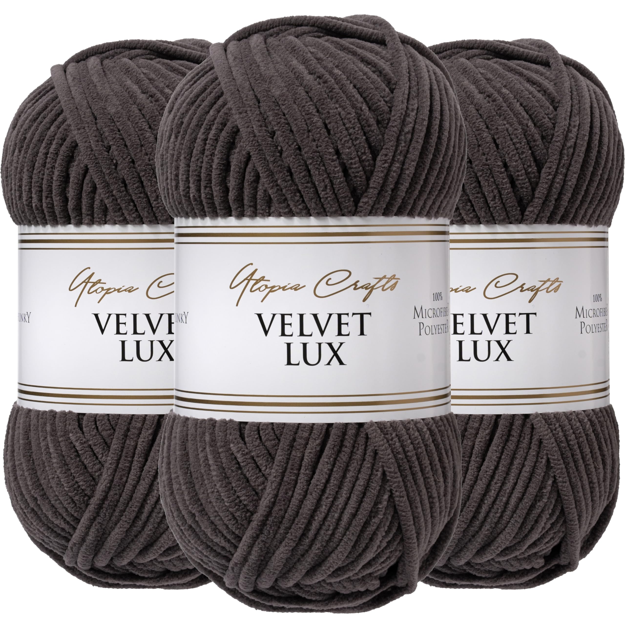 Utopia Crafts Velvet Lux Chenille Super Soft Chunky Yarn for Knitting and Crochet 3X 100g (Charcoal)