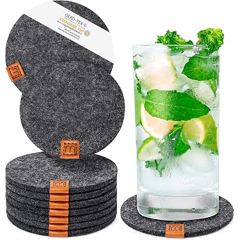 Miqio  Set of 10 Designer Glass Coasters Felt and Leather Washable Drinks Coasters with Real Leather Appliques