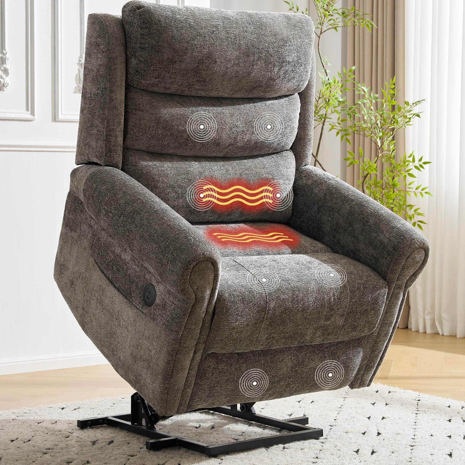 Power Lift Recliner Chair for Elderly with Adjustable Headrest, Oversized Lay Flat Recliner with Massage and Heat,26" Extra Wide Lift Chair for Big