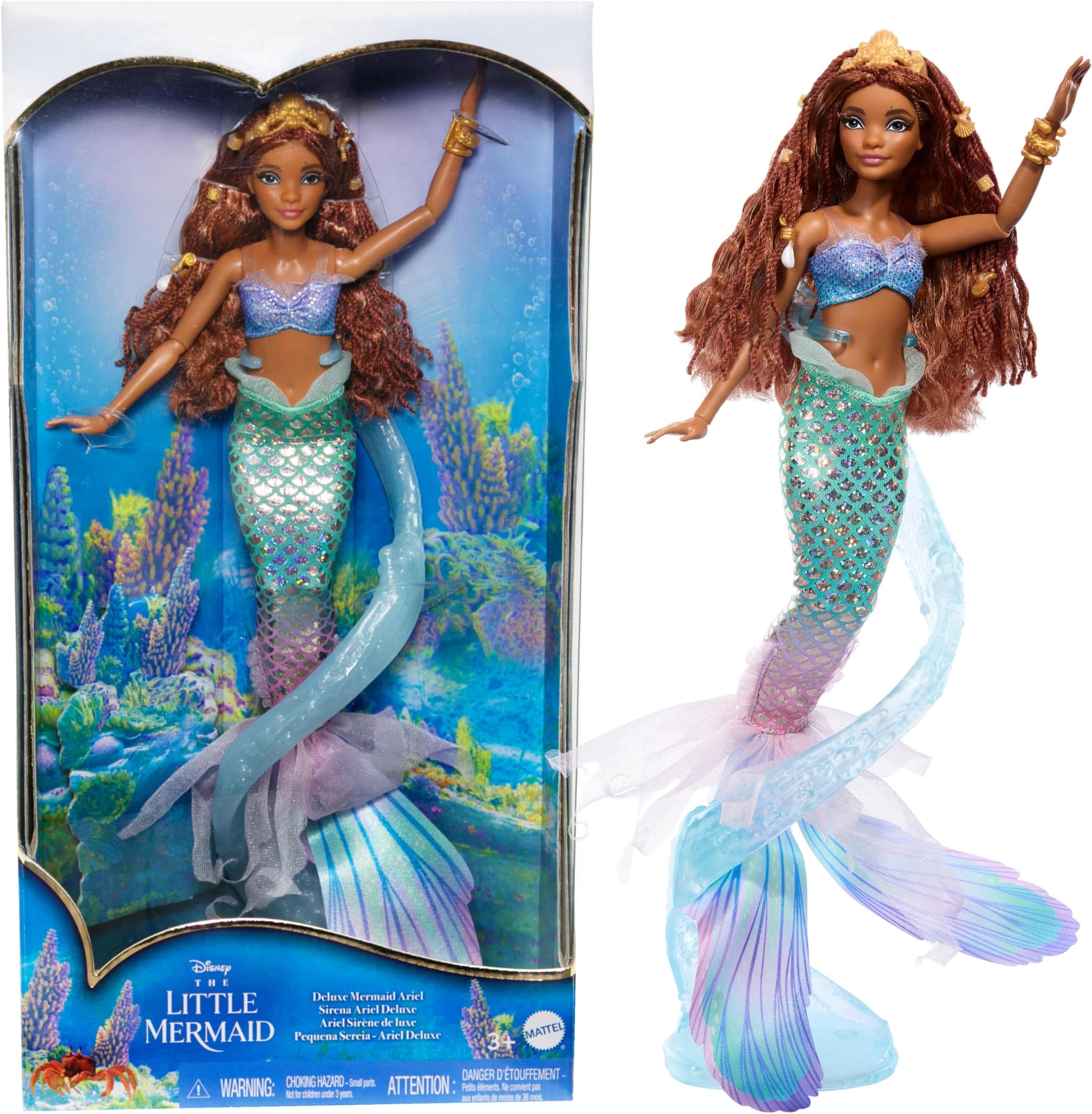 Disney Mattel Princess The Little Mermaid Deluxe Mermaid Ariel Doll with Iridescent Tail, Hair Jewelry Beads, and Doll Stand?