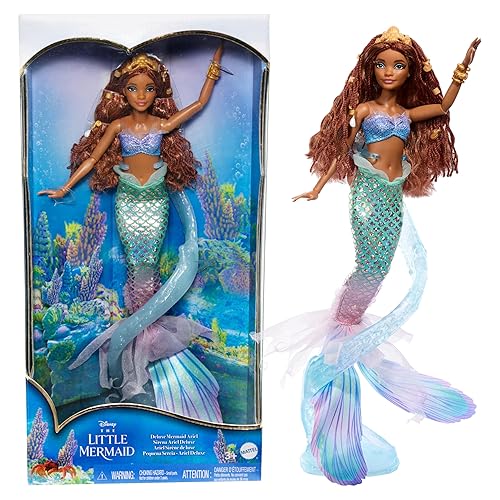 Mattel Disney La Sirenita Deluxe Muñeca Ariel con Cola Irisada, Joyas para el Cabello y Soporte de Exhibición, Inspirada en la Película