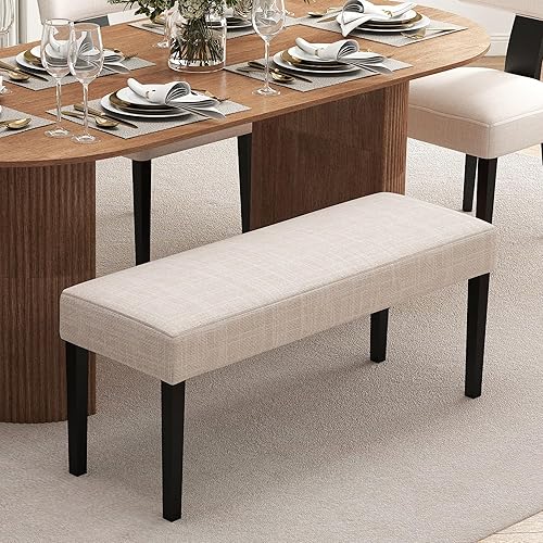 HNY Farmhouse - Asiento de comedor tapizado, banco de entrada de lino de 45 pulgadas con patas de madera negra, banco moderno de mediados de siglo
