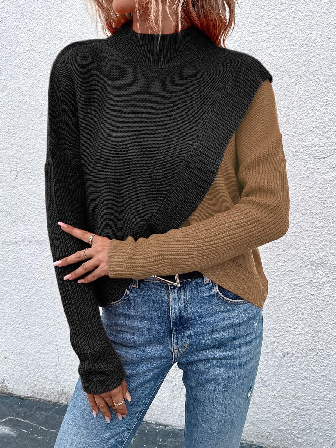 Verdusa Women's Luxury Outfits Mock Neck Color Block Sweater Long Sleeve Drop Shoulder Knitted Pullovers - Image 5