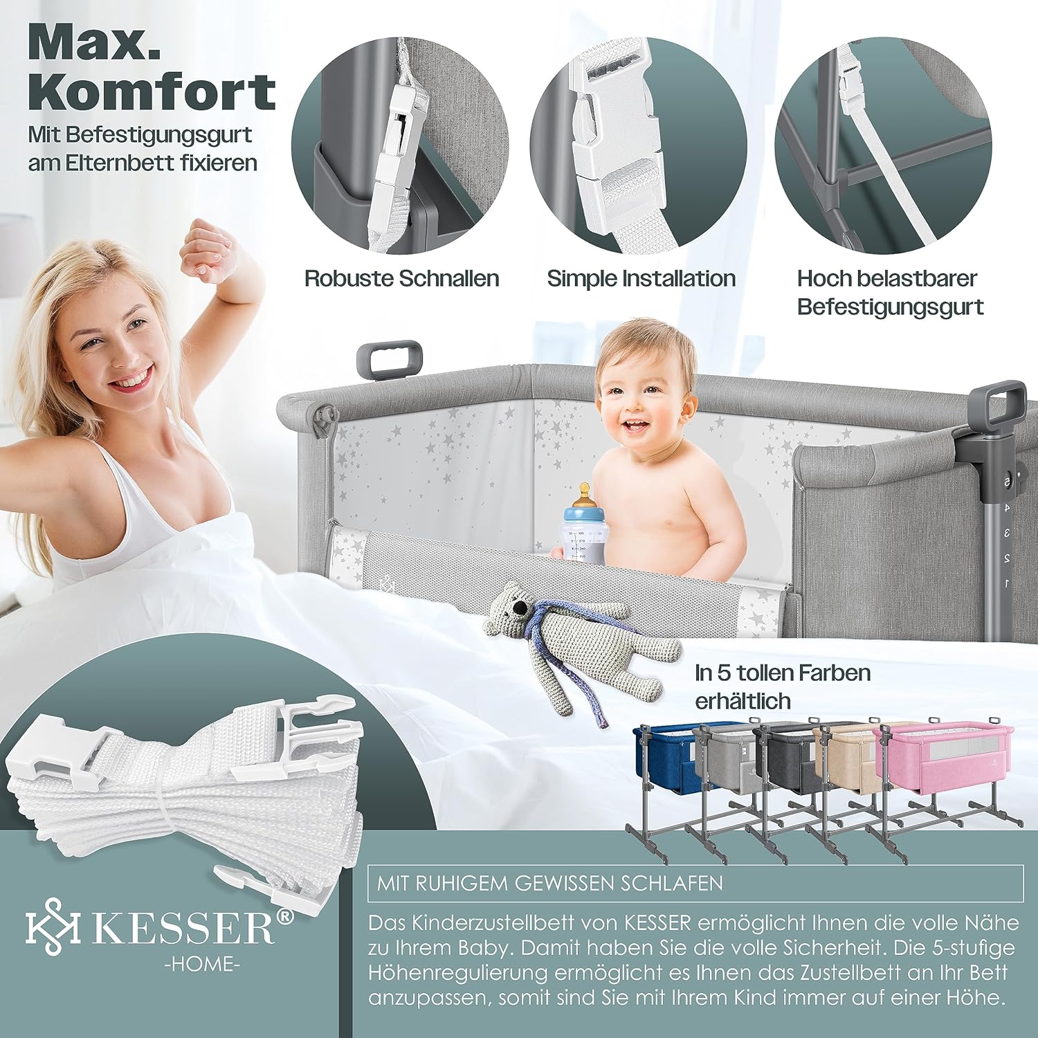 KESSER® Hubi 3in1 Baby Bed Travel Cot with Soft Mattress with Wheels, 5-Way Height Adjustment, Folding Side Wall for Home and on the Go